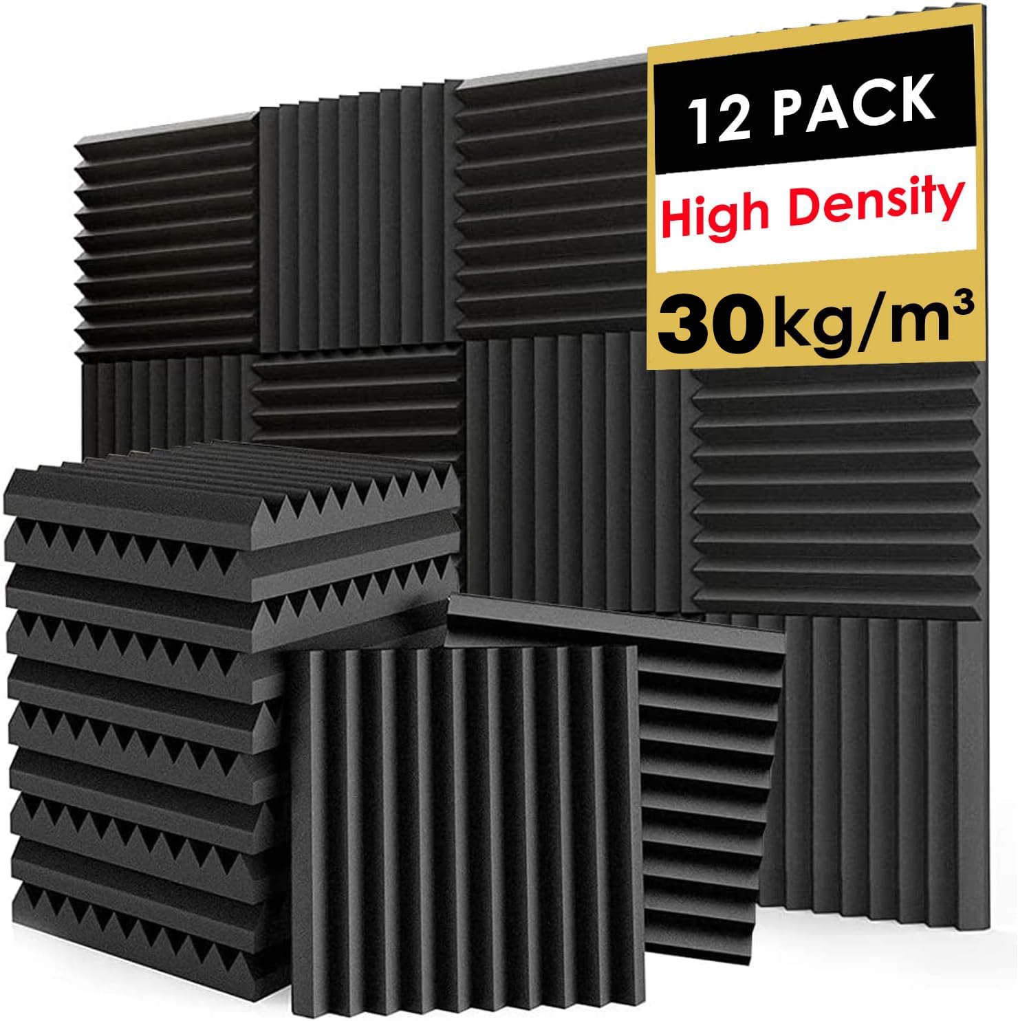 FONESO Acoustic Panels, High Density Soundproof Foam Panels for Walls, Sound Absorbing Panels, Acoustic Foam Panels Fire Resistant for Studio Recording (Black&Grey, 1″x12″x12″ 24Pack)