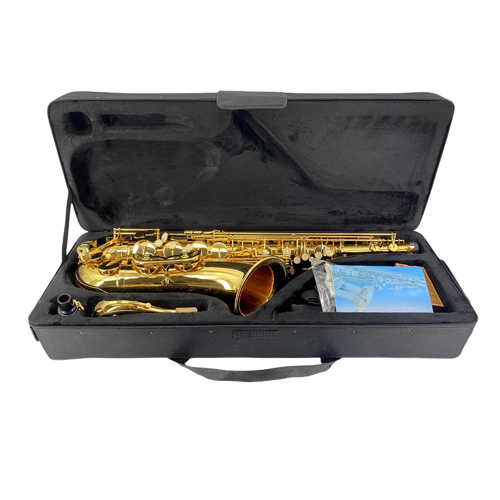 Vetimobato B Flat Tenor Saxophone Gold Brass Lacquer Student Bb Tenor Sax Kit for Adults Beginners Intermediate Players with Hard Case Mouthpiece Reeds Neck Strap Cleaning Set (Golden Tenor)