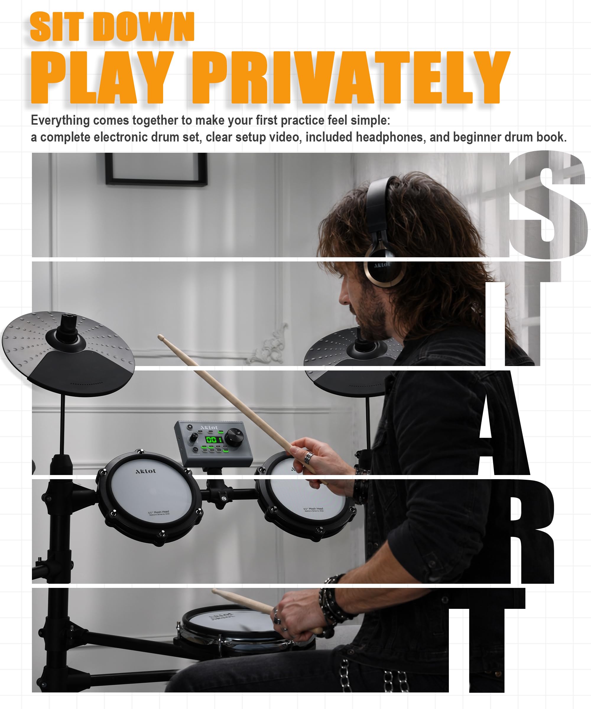 AKLOT Complete Electric Drum Set: 4 Dual-Zone Mesh Pads, Quiet Electronic Drum Set for Beginner with 8” Snare, 360 Sounds, Choke Cymbals, Throne, Headphone, Stick and Lesson Book, B-CORE530Pro, White