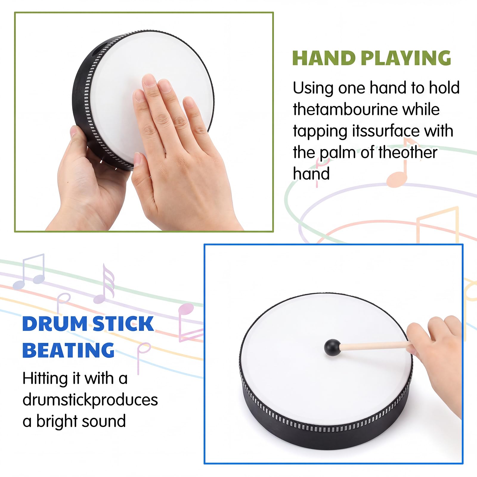 Boao 20 Sets Hand Drums with Drum Sticks 12″ 10″ 8″ 6″ 4″, Black