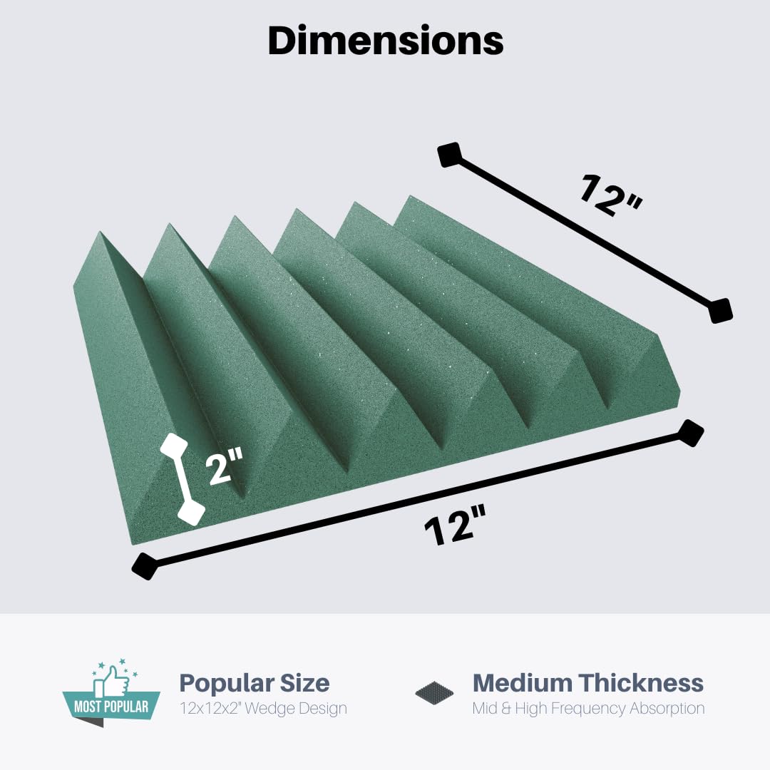 Soundproofing Acoustic Studio Foam – Forest Green Color – Wedge Style Panels 12”x12”x2” Tiles – 4 Pack