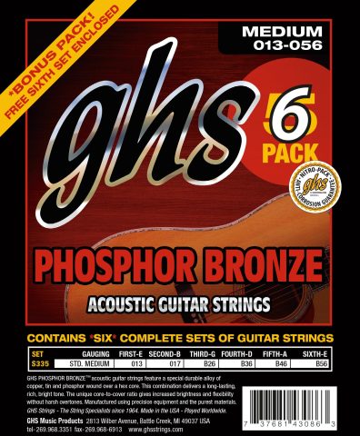 GHS Strings – Phosphor Bronze Acoustic Guitar Strings – Warm, Rich Tone, Balanced & Long-Lasting – For Acoustic, Fingerstyle, Strumming, Country, Rock, S335 Set (M) Medium Gauge 13-56, 6 PACK