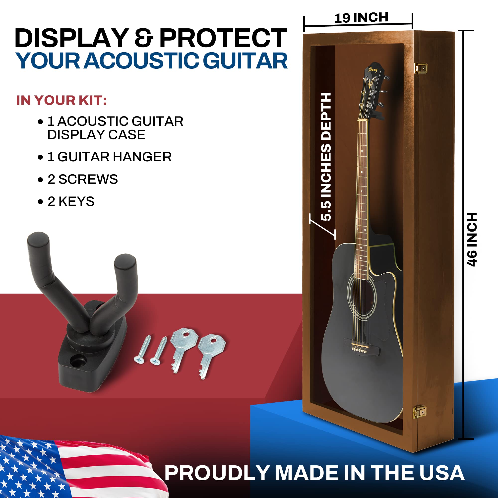 PENNZONI Acoustic Guitar Display Case – Acrylic Acoustic Guitar Case – Guitar Display Case Wall Mount Made from Hardwood Frame & Clear Acrylic – Walnut w/No Felt