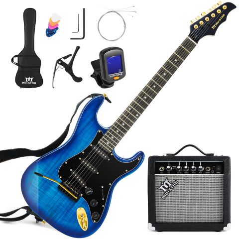 MUSTAR Electric Guitar Kit, 39 Inch Full Size Solid Wood Electric Guitar Beginner Kits with 25W Amplifier, Gig Bag, Digital Tuner, Capo, Strap, Cable and Picks, Blue