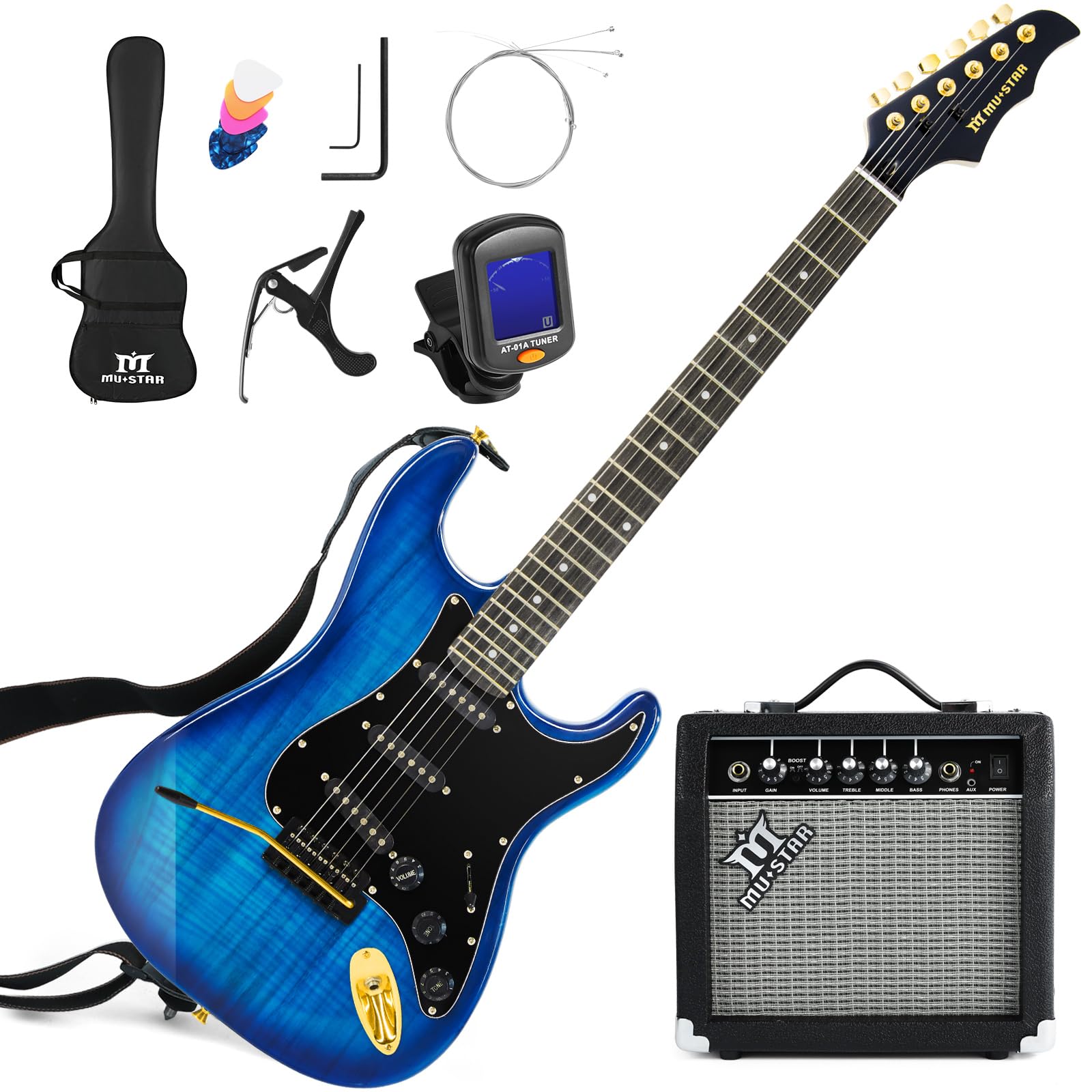 MUSTAR Electric Guitar Kit, 39 Inch Full Size Solid Wood Electric Guitar Beginner Kits with 25W Amplifier, Gig Bag, Digital Tuner, Capo, Strap, Cable and Picks, Blue
