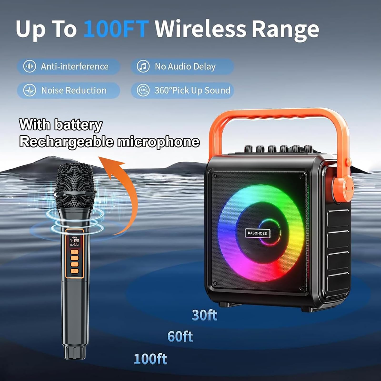 Karaoke Machine with 2 Wireless Microphones for Adults & Kids, 8000mAh Portable Bluetooth Speaker PA System with Lights, Supports AUX in/TF Card/FM/REC, Microphone Speaker Set for Home Party, Outdoor