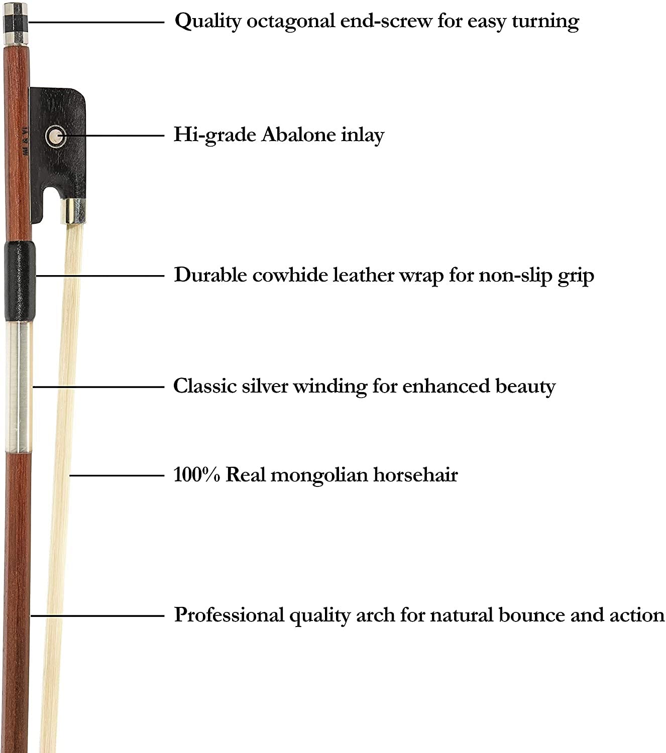 MI&VI AB-510 Brazilwood Viola Bow for 11″ Violas with Ebony Frog | Octagonal Silver Mount | Well Balanced | Light Weight | Mongolian Horse Hair – MIVI Music