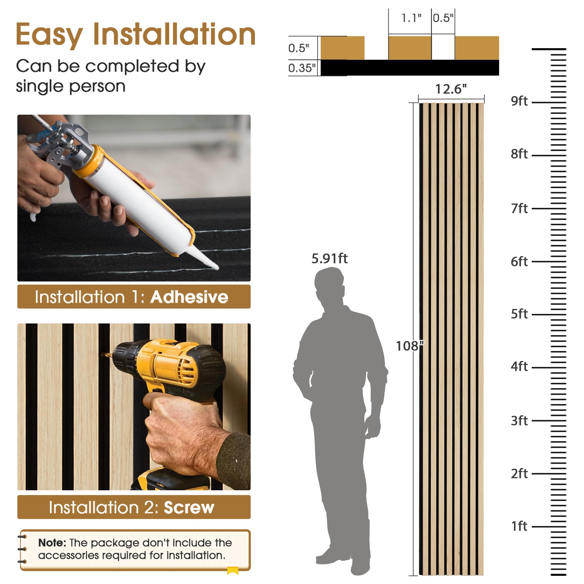 LARWORKS 4 Pack 108’’x12.6’’ Fluted Acoustic Wood Slat Wall Panels, Oak