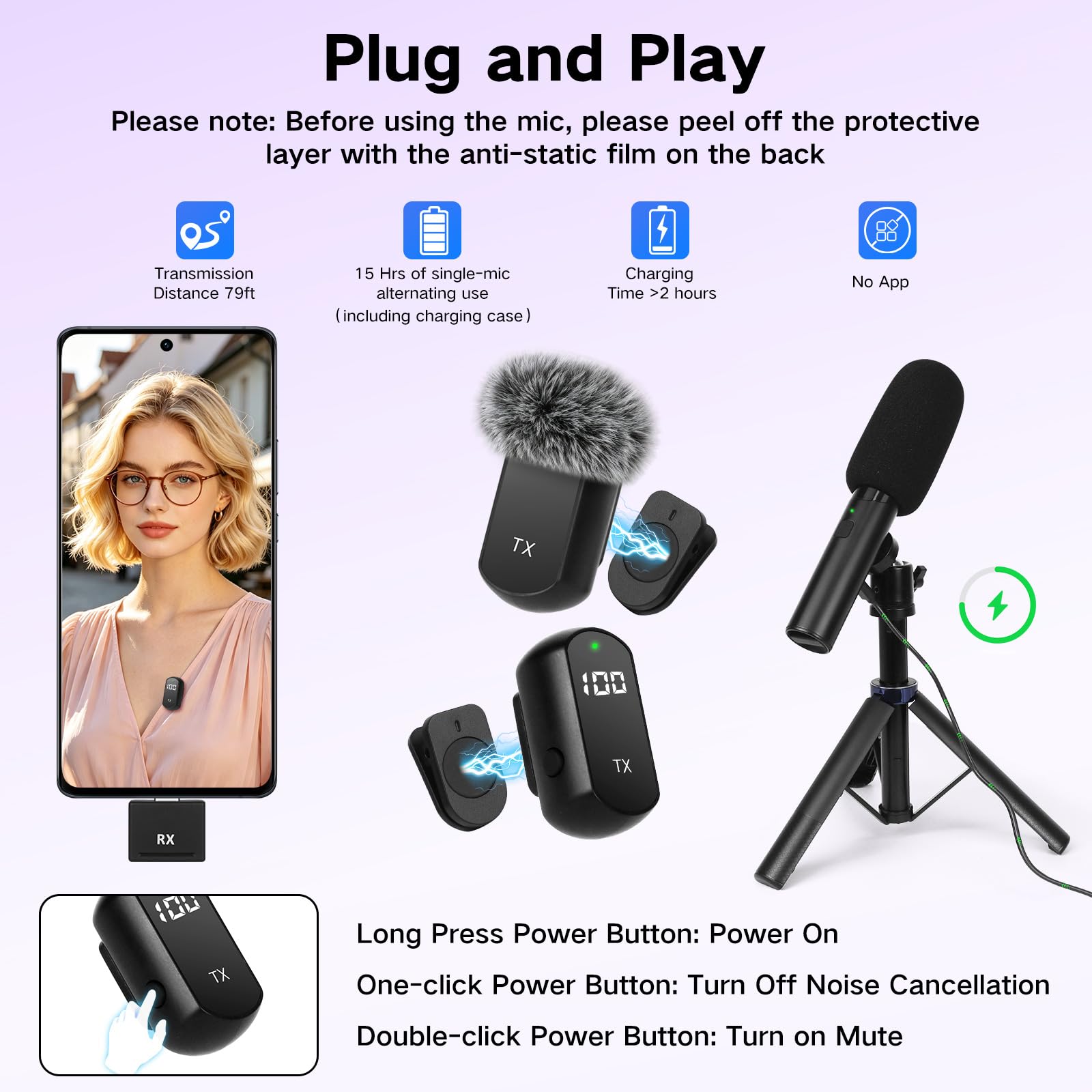 YUANRAN 4-in-1 Mini Wireless Lavalier Microphone & Desk Stand,Interview Handheld Microphone for iPhone/Android/Tablets,Mini Mic with Charging Case for Podcast,Streaming