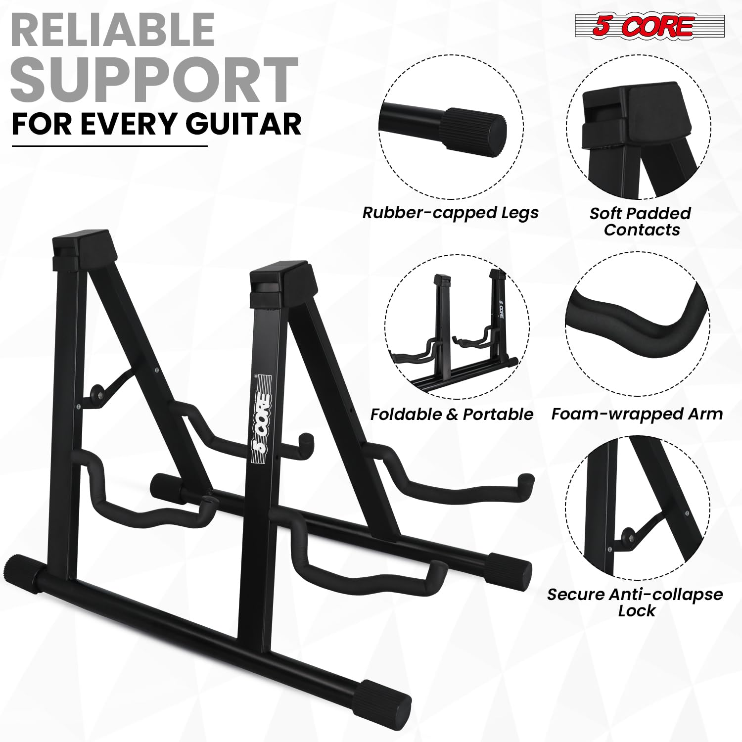 5 CORE Guitar Stand 2 In 1 Electric Acoustic Bass Banjo Stand Heavy Duty Strong Metal Double A-Frame Folding Dual Guitar Holder with Soft Padded Foam Sleeves Black