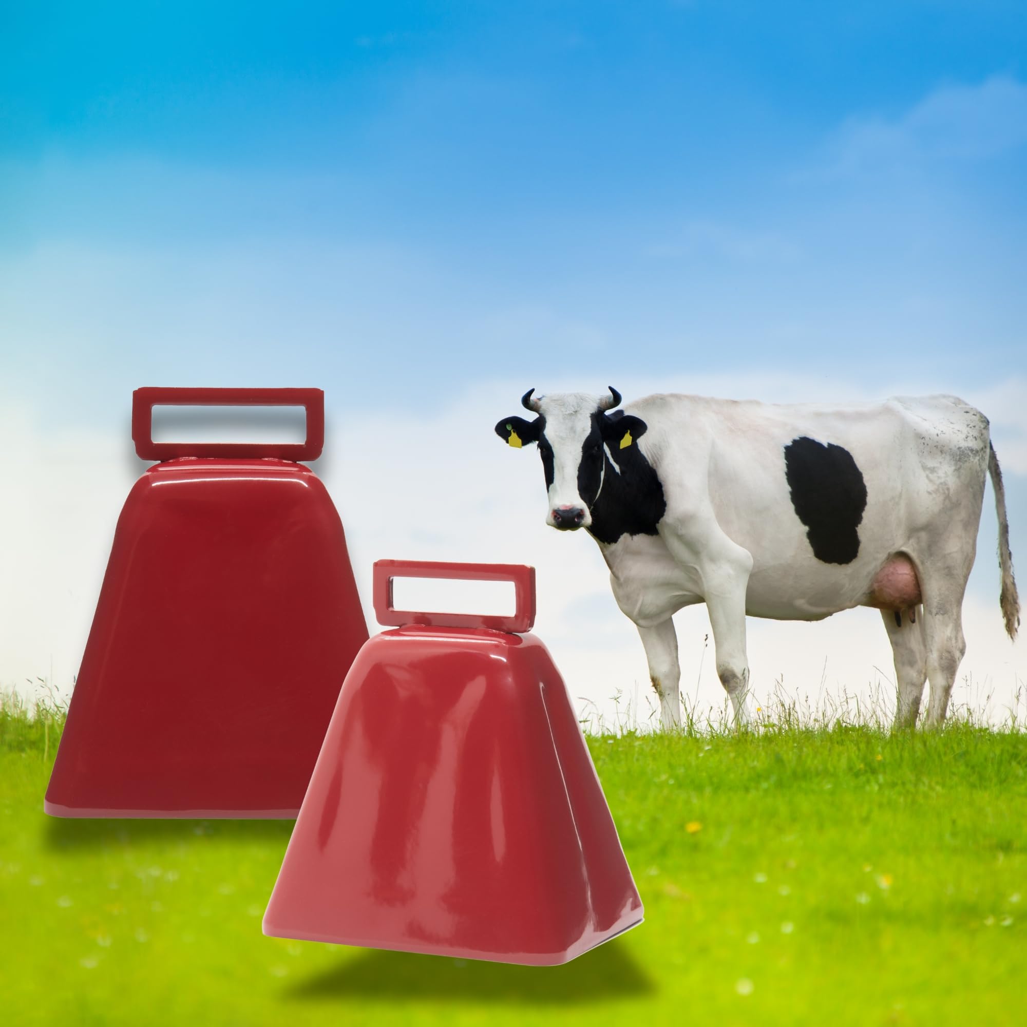Bevin Bells Long Distance Cow Bells 10LD (Red & Red) | Christmas Bells | Made from Steel | Loud Noise Makers | w/White Strap Around The Handle | Easier to Hold | Made in CT, USA