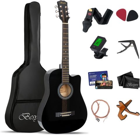 38 inch Black Acoustic Guitar Beginner Kits, 3/4 Cutaway Wood Acustica Guitarra for Beginners Adults with Online Lesson,Gig Bag,Picks,Steel Strings Strap with Picks Holder