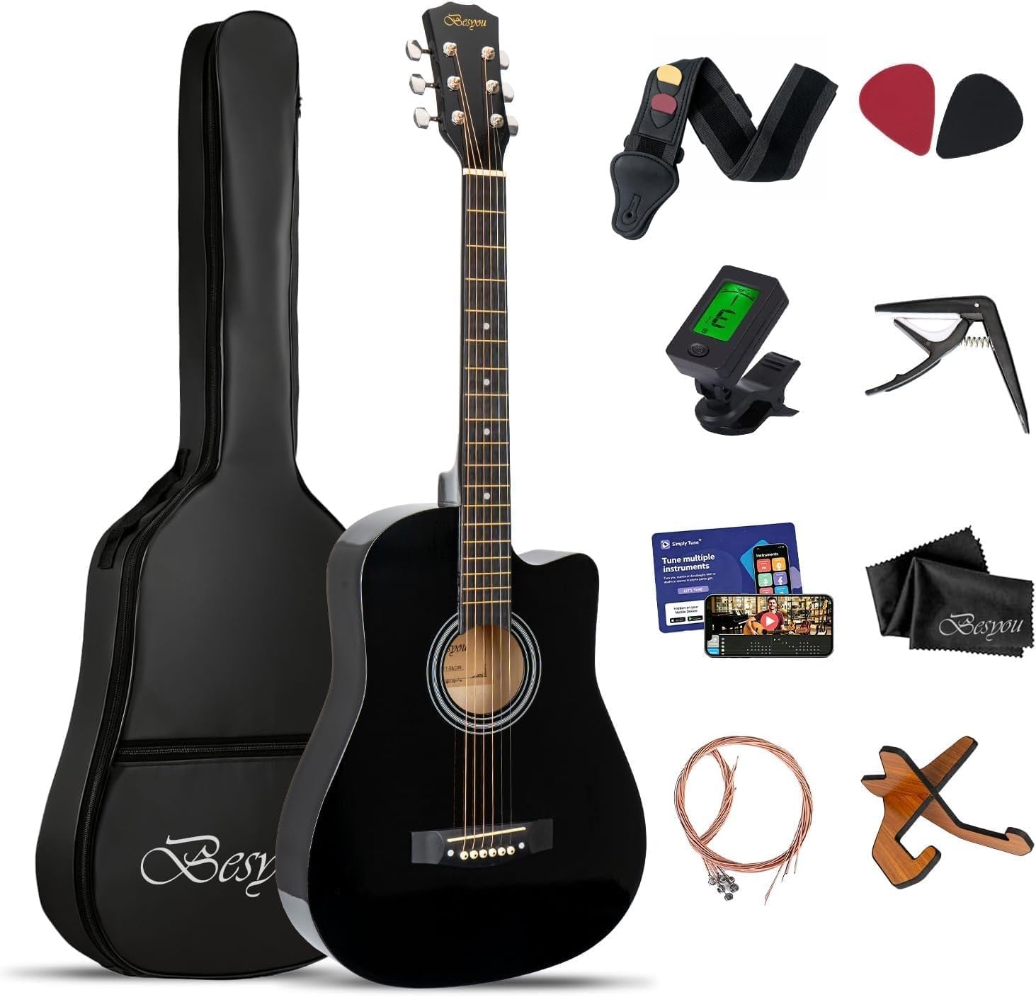 38 inch Black Acoustic Guitar Beginner Kits, 3/4 Cutaway Wood Acustica Guitarra for Beginners Adults with Online Lesson,Gig Bag,Picks,Steel Strings Strap with Picks Holder