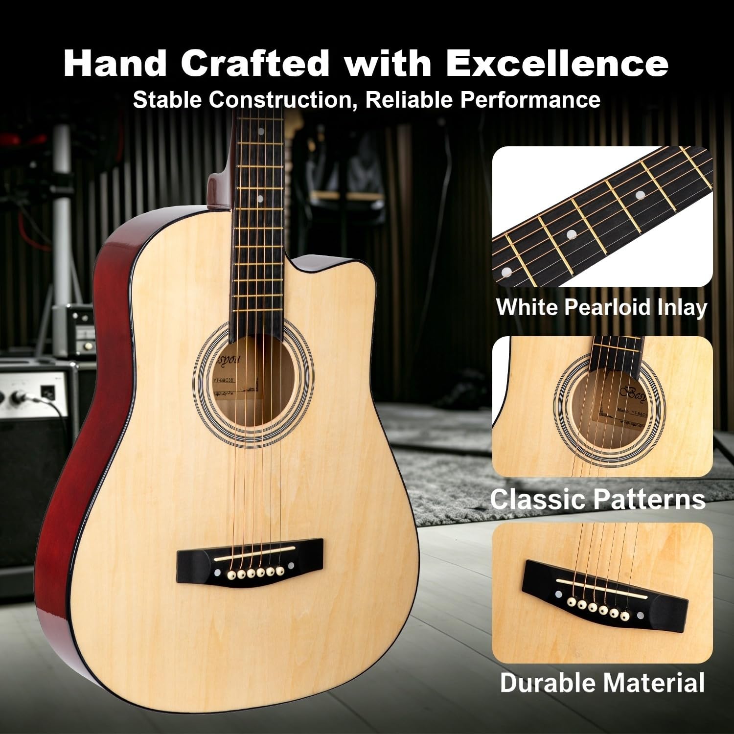 38 inch Acoustic Guitar Beginner Kits, 3/4 Cutaway Wood Acustica Guitarra for Beginners Adults with Online Lesson,Gig Bag,Picks,Steel Strings Strap with Picks Holder