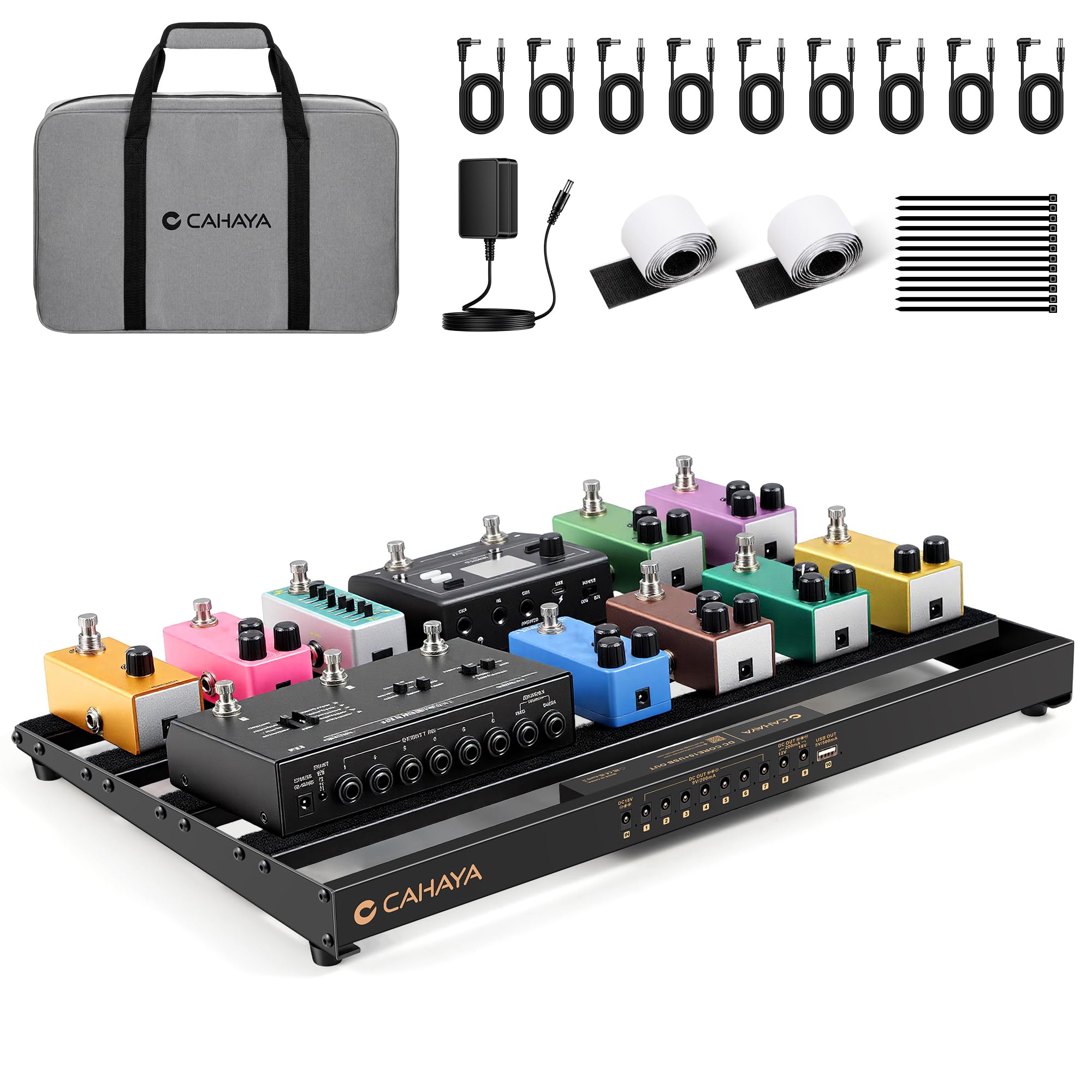 CAHAYA Guitar Pedal Board Portable – Pedal Board Built-in Power Supply Lightweight Aluminum Alloy Guitar Effect Pedalboard with DC Cables USB Output Carry Bag and Power Adapter 19″ x 12″ 4.6lbs