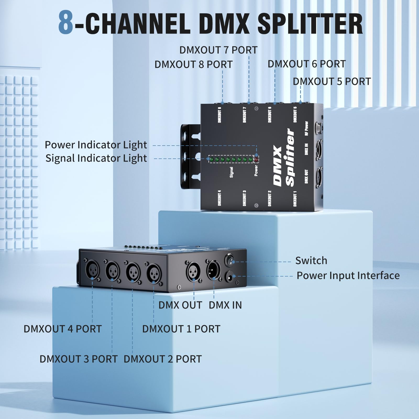 8-Way Isolated DMX512 Splitter Amplifier Distributor with 3-Pin Outputs XLR Signal Amplifier Transmitter Receiver for DJ Party LED Stage Lighting