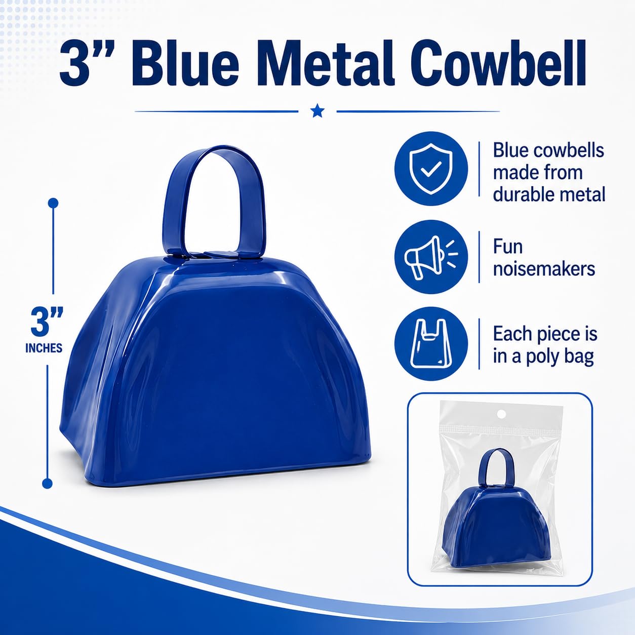 The Dreidel Company 6-Pack 3 Inch Blue Cow Bells for Sporting Events, Cheering, Spirit, Loud Cow Bell Ideal Hand Percussion Cowbells Noise Makers for Sporting Events, Football Games, and Celebrations