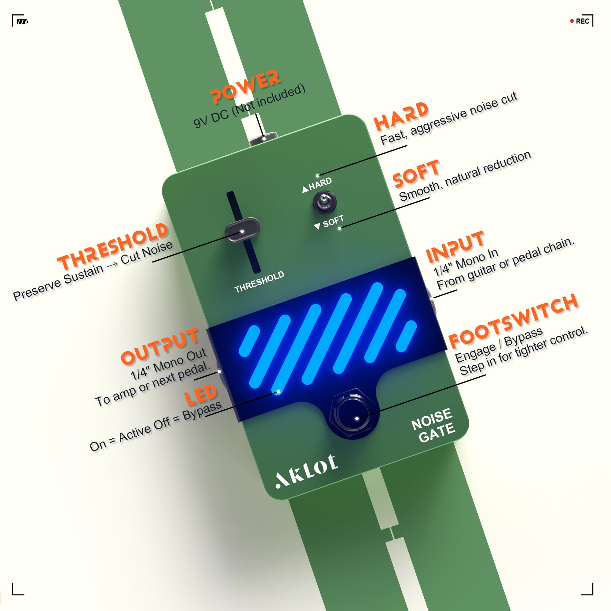 AKLOT Noise Gate Guitar Pedal: Noise Reduction Pedal with THRESHOLD Control, HARD/SOFT Modes, True Bypass Compact Metal Pedal for Electric Guitar, Riffs, Studio & Live Performance, NEON Silencer