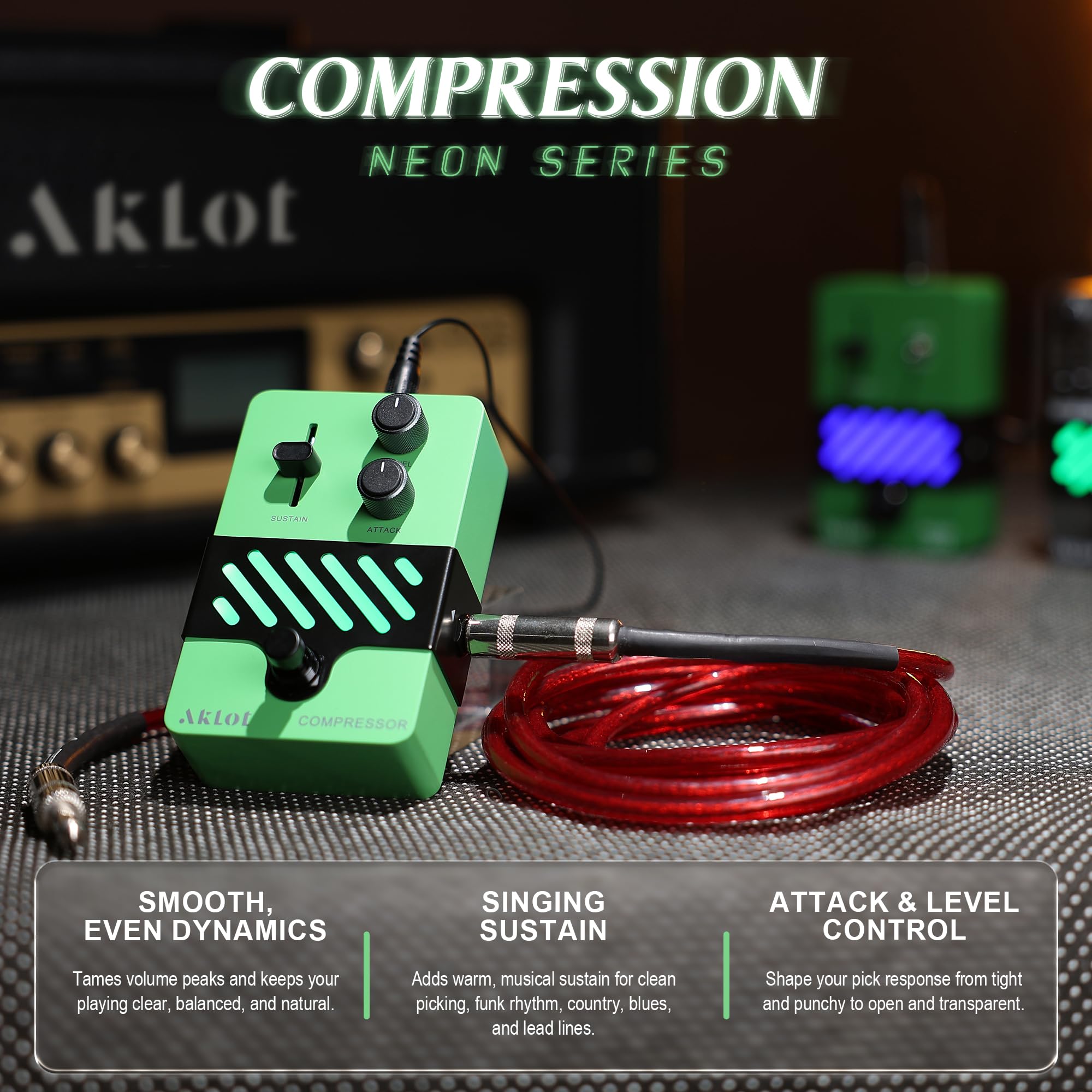 AKLOT Compressor Electric Guitar Pedal: Smooth Studio-Level Compression for Clean Sustain, Dynamic Touch-Responsive Control, Level & Sustain Knobs, Mini Guitar Effect Pedal True Bypass, NEON PulseLock