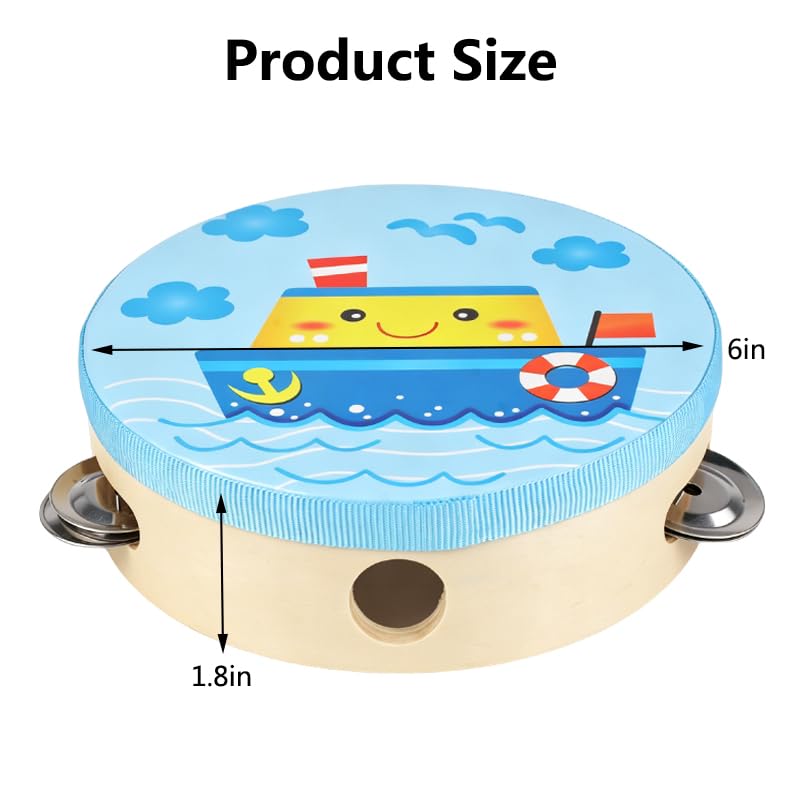 6 Inch Tambourines Musical Instrument, Wooden Hand Held Tambourine Drum with Metal Jingles, Hand Bell Drum Percussion Gift Musical Educational Tambourines for School, Party, KTV, Church(Boat)