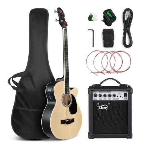 GLARRY Full Size Acoustic Electric Bass Guitar Beginner Kit w/ 15W Amp, Cutaway 4 Strings Electric Acoustic Bass Guitar w/Inbuilt Tuner, Bag, Strap, Picks, Strings, Bass Guitarra，Matte Natural