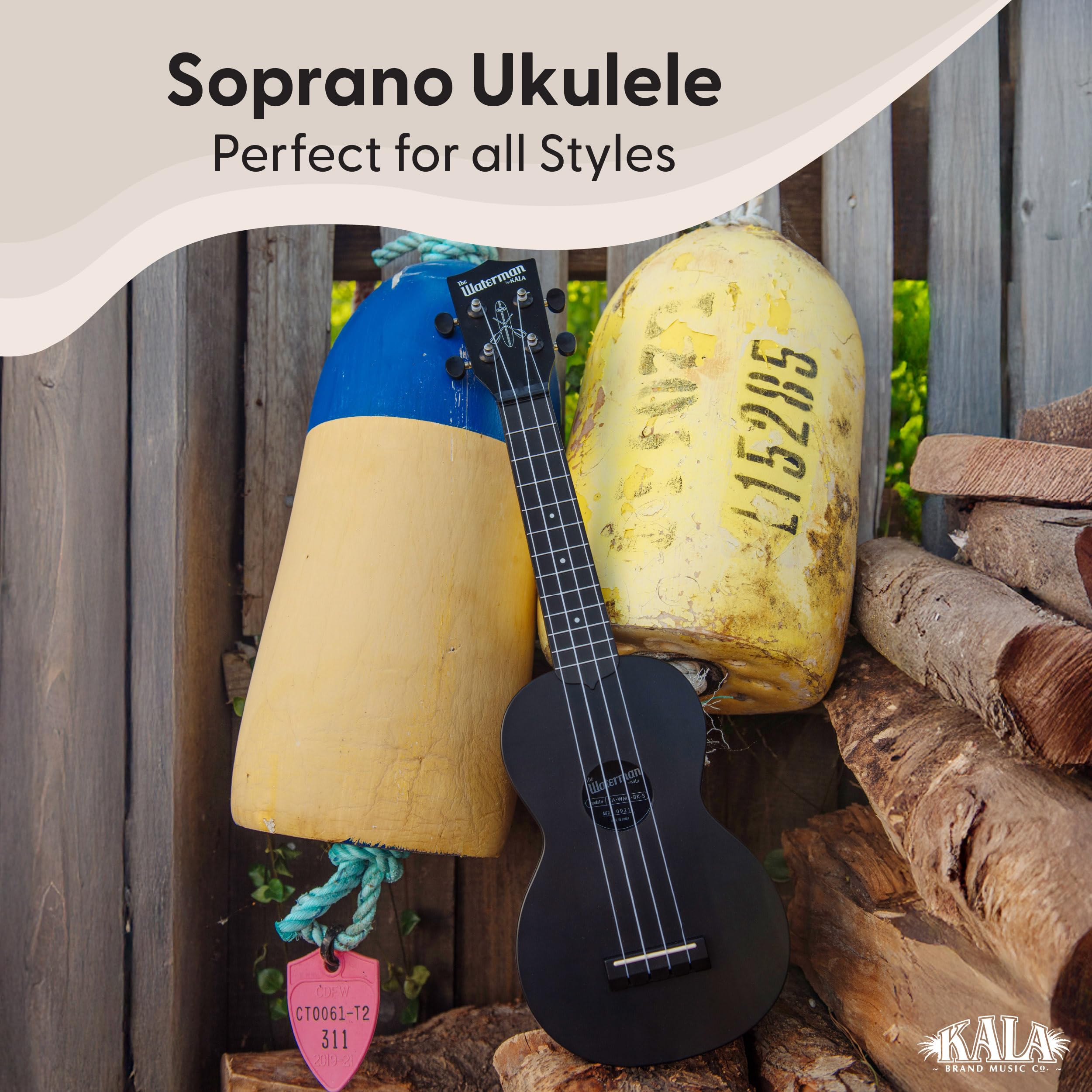 Kala KA-R-WMS-BK-S Soprano Recycled Waterman Ukulele – Black Sand
