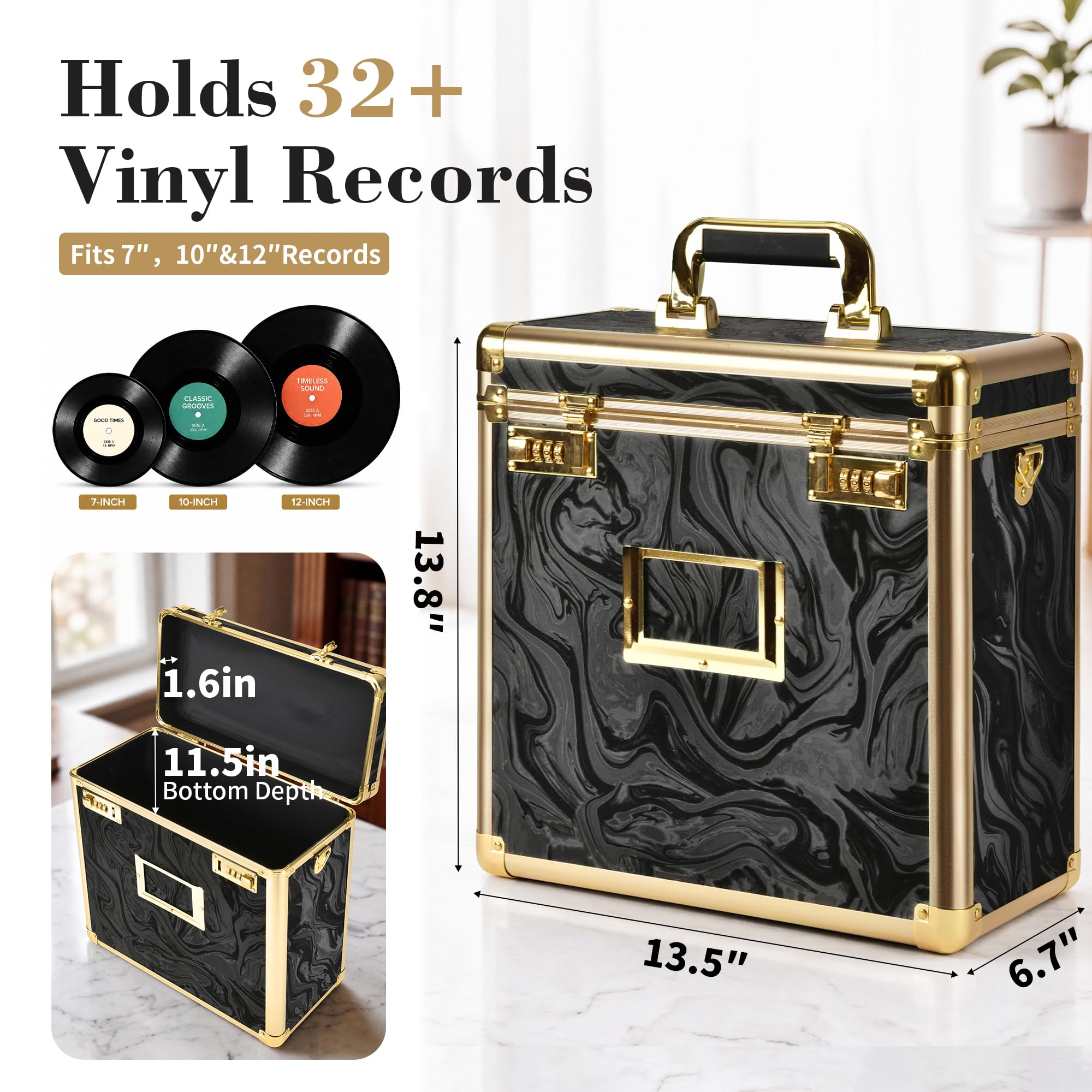 GALHUBIS Vinyl Record Box, Lockable Album Organizer, Holds 32 LPs, Gold