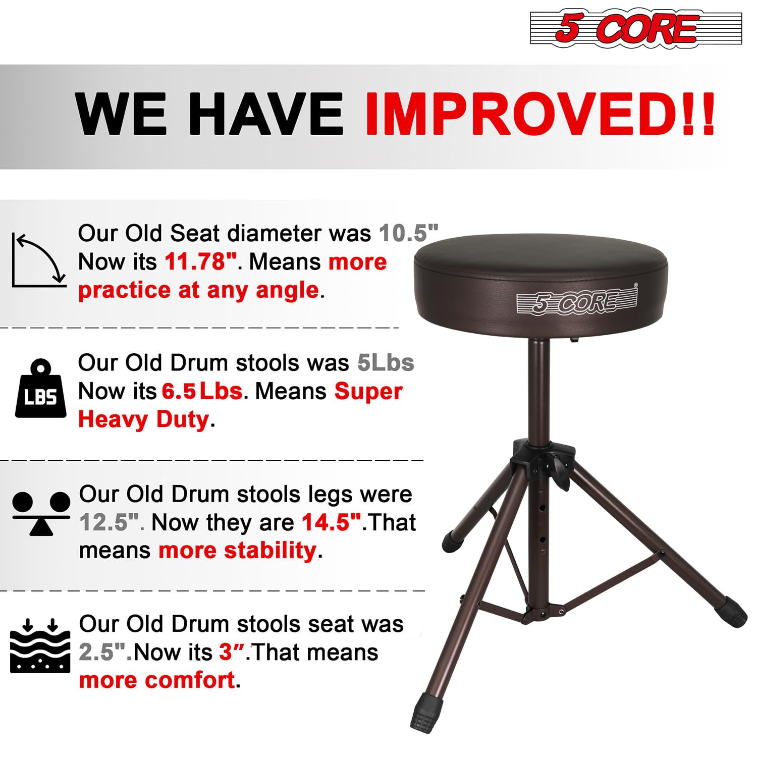 5 CORE Drum Throne Thick 3 Inch Padded Drum Seat Height Adjustable Drumming Stools with Anti-Slip Feet Musician Chair for Adults and Kids Drummers Brown – DS 01 BR