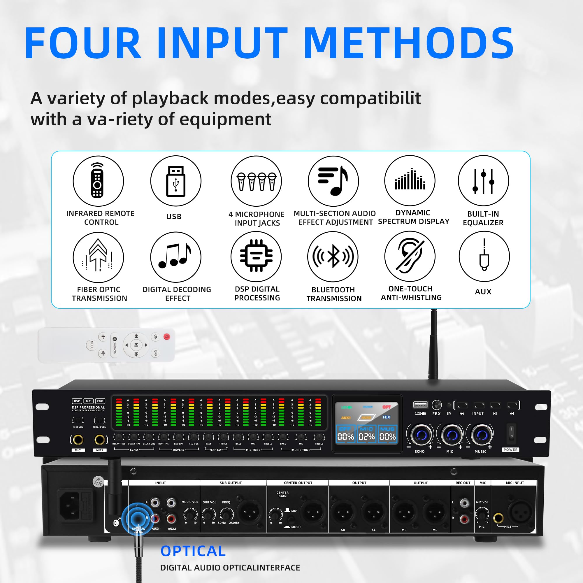 FULODE K-6 Professional KTV Digital pre-stage Effector Anti-howling Audio Processor Karaoke Mixer Reverberator with DSp effect echo USB MP3 Bluetooth optical.4 microphone input With remote control