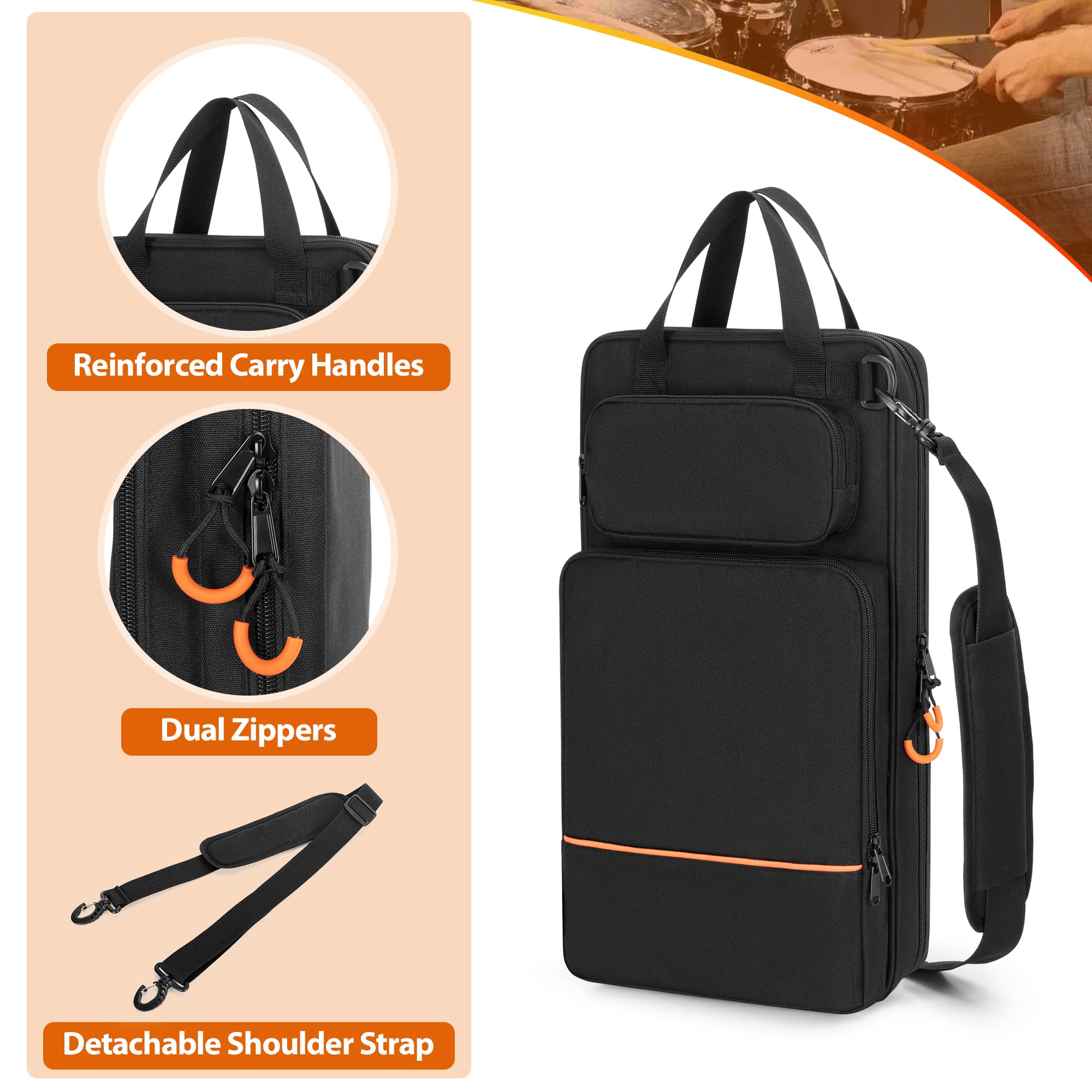 Damero Drum Sticks Bag with Hanging Hooks and Detachable Shoulder Strap