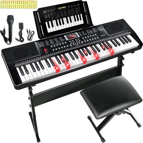 IMGZAR 61 Key Keyboard Piano for Beginners with Lighted Keys & Pro Teaching Modes,Includes Stand, Bench, Microphone, Music Stand,70 Demos, 200 Rhythms/Tones, Gift for Beginners
