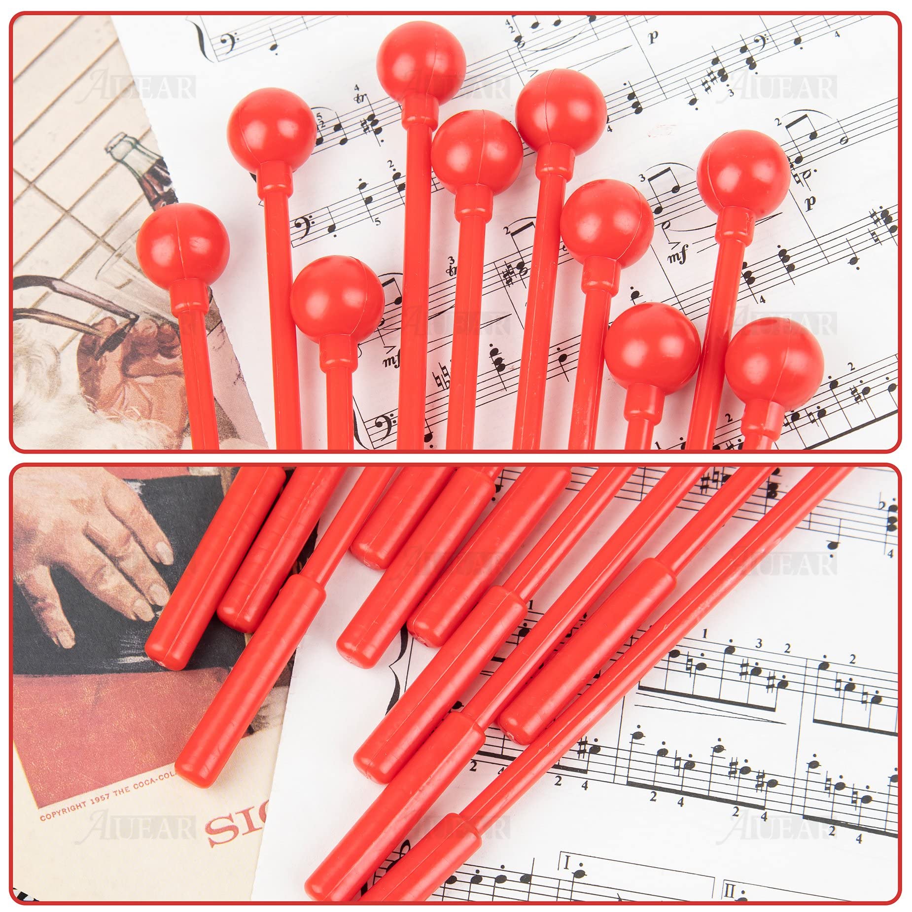 AUEAR, 10 Pack Plastic Bell Mallets Solid Drum Percussion Sticks Hammer for Chime Xylophone 7.87 Inch Long Red