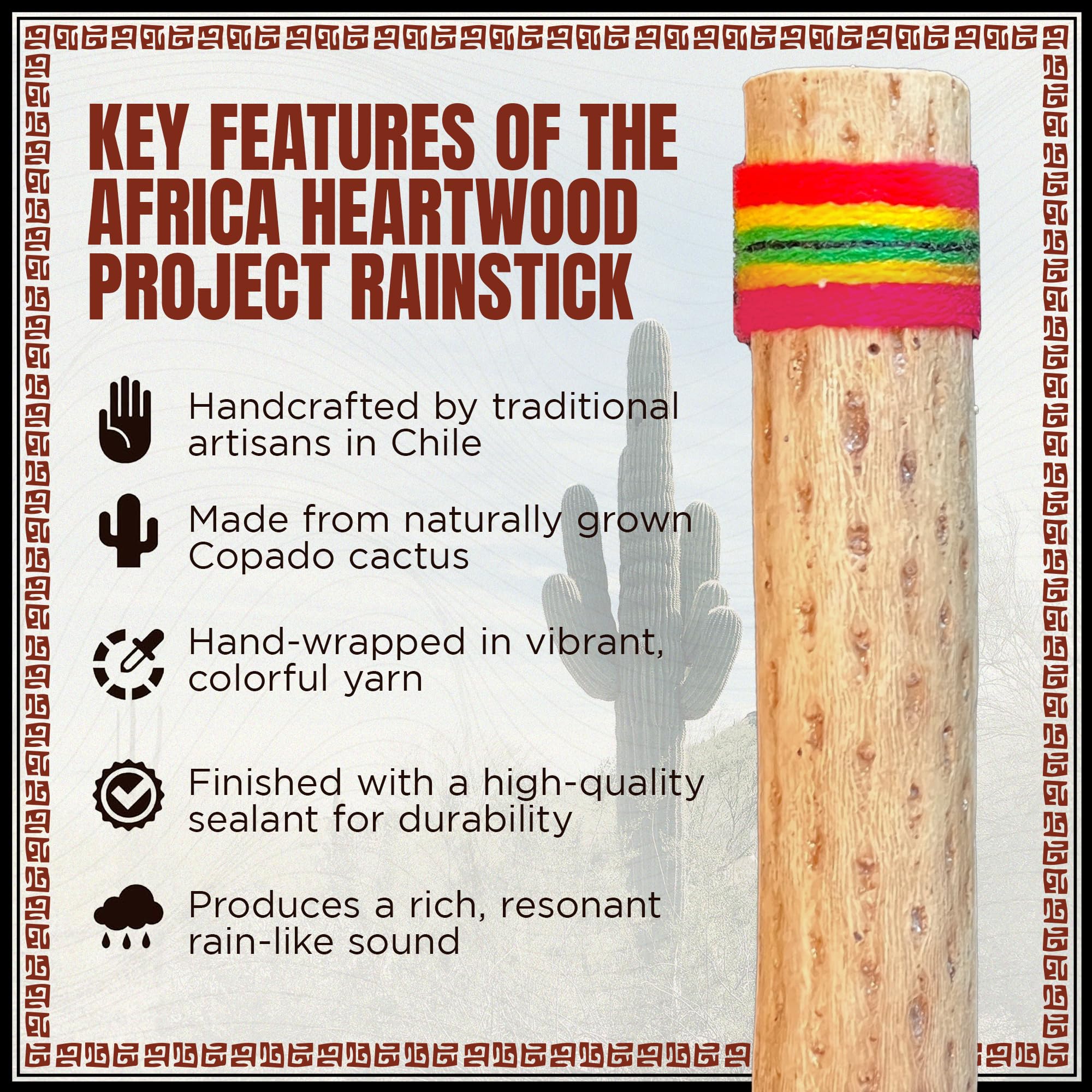 Africa Heartwood Project 15″ Cactus Rainstick from Chile – Authentic Handcrafted Rain Stick Musical Instrument with Rasta Yarn Wrap and Durable Sealant