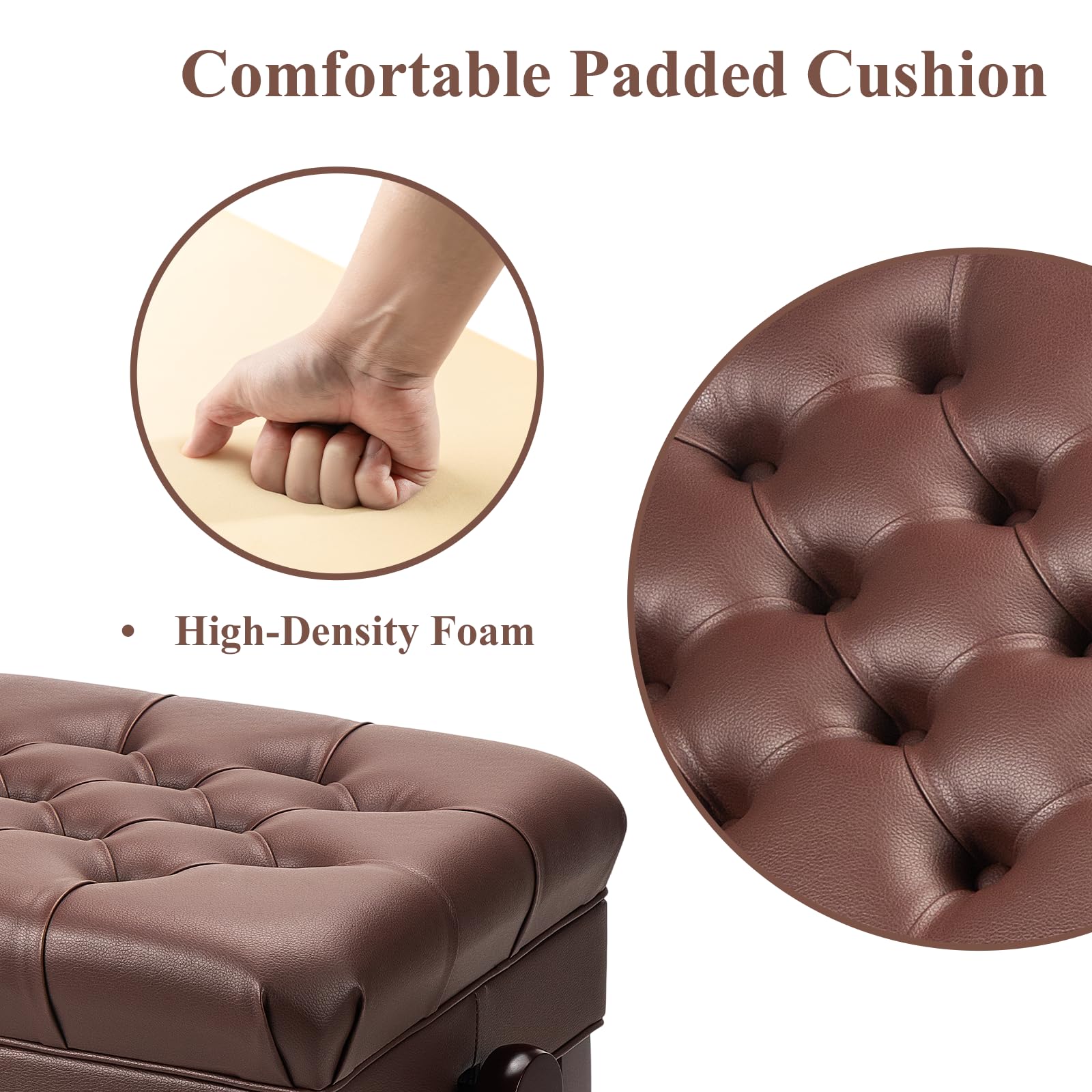 FILISITE Adjustable Height Piano Bench with Storage, Heavy Duty Solid Wood Piano Stool Keyboard Bench with PU Leather Padded Cushion(Brown)