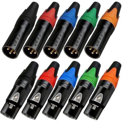 RIVIERA Geisler XLR 3 Pin Male XLR 3 Pin Female Plug Gold-Plated Copper Contacts Fine Silver Nickel Metal Housing with Muficolored Rubber Ring (Black-housing Colorful-Mark 5 Male & 5 Female) 10 Pack