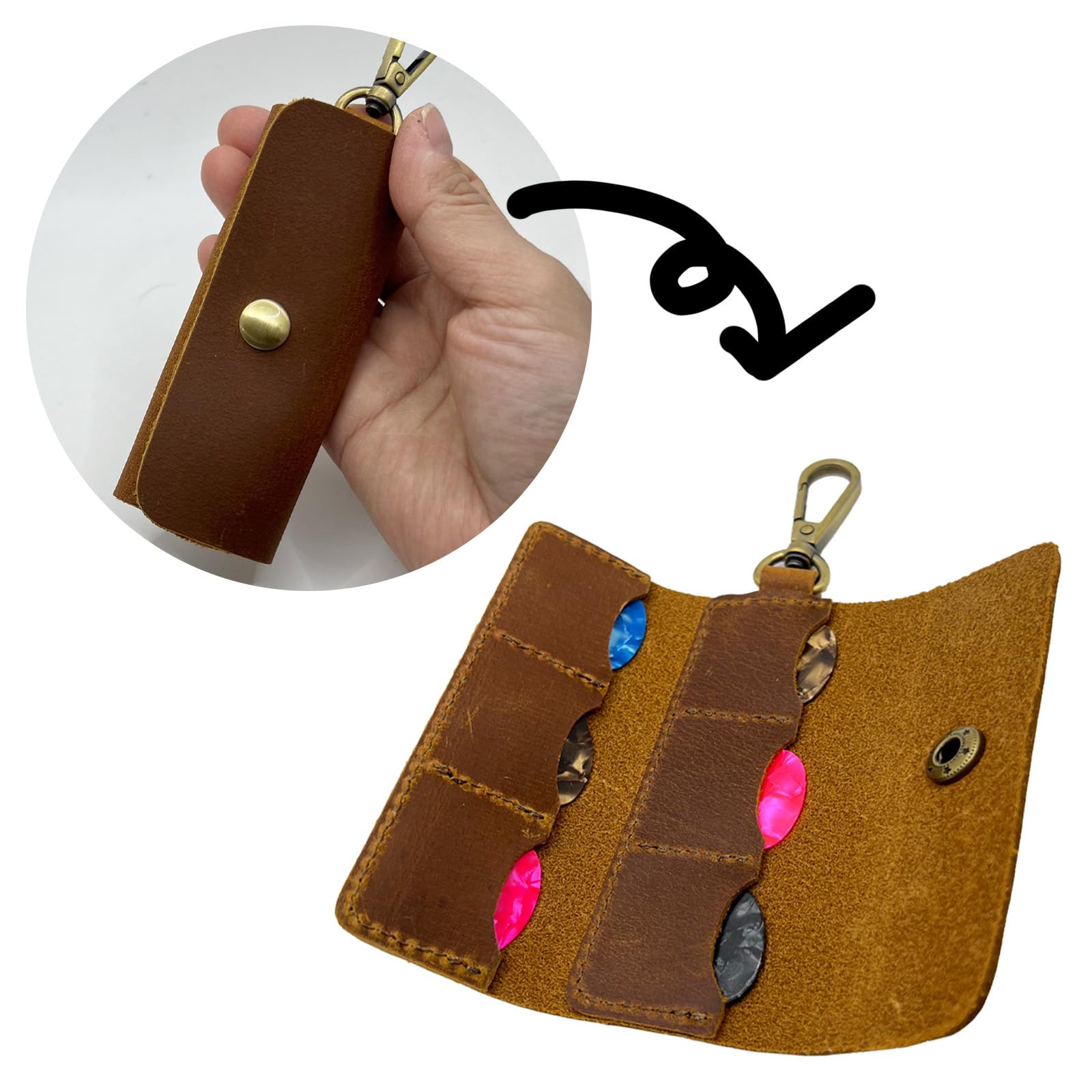 Della Stella Genuine Leather Guitar Pick Holder Keychain, Guitar Picks Holder Case for 6 Picks with Hook, Ideal Guitar Pick Storage(Picks Not Included)
