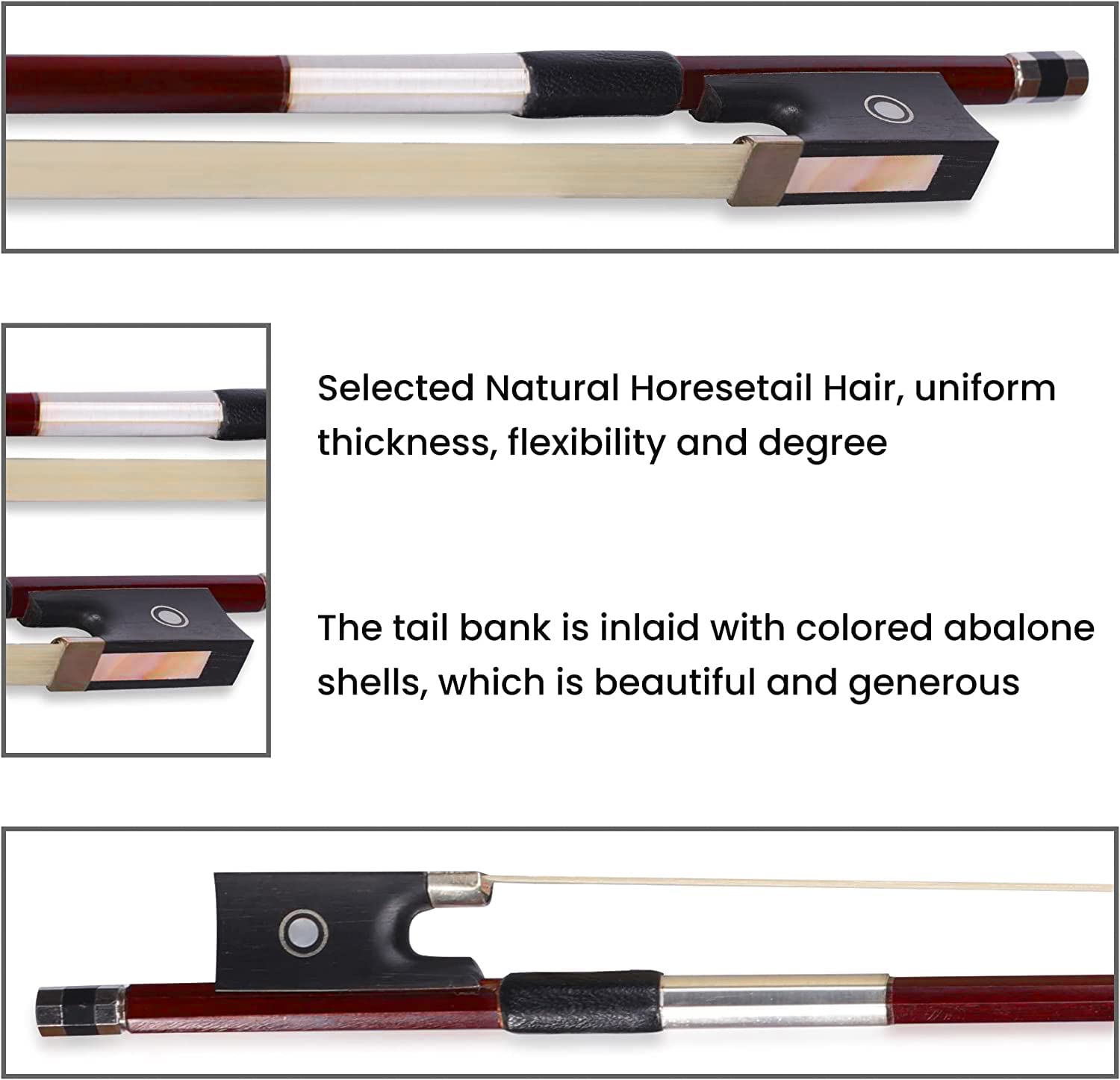ADM 3/4 Size Student Violin Bow, Well Balanced Handmade Brazilwood Bow with Horsehair, Ebony Frog with Pearl Eye and Pearl Slide, Brown