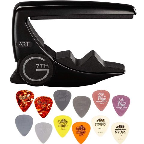 G7th Performance 3 ART Capo – 6 String, Satin Black – Bundled with Dunlop Variety Pick Pack