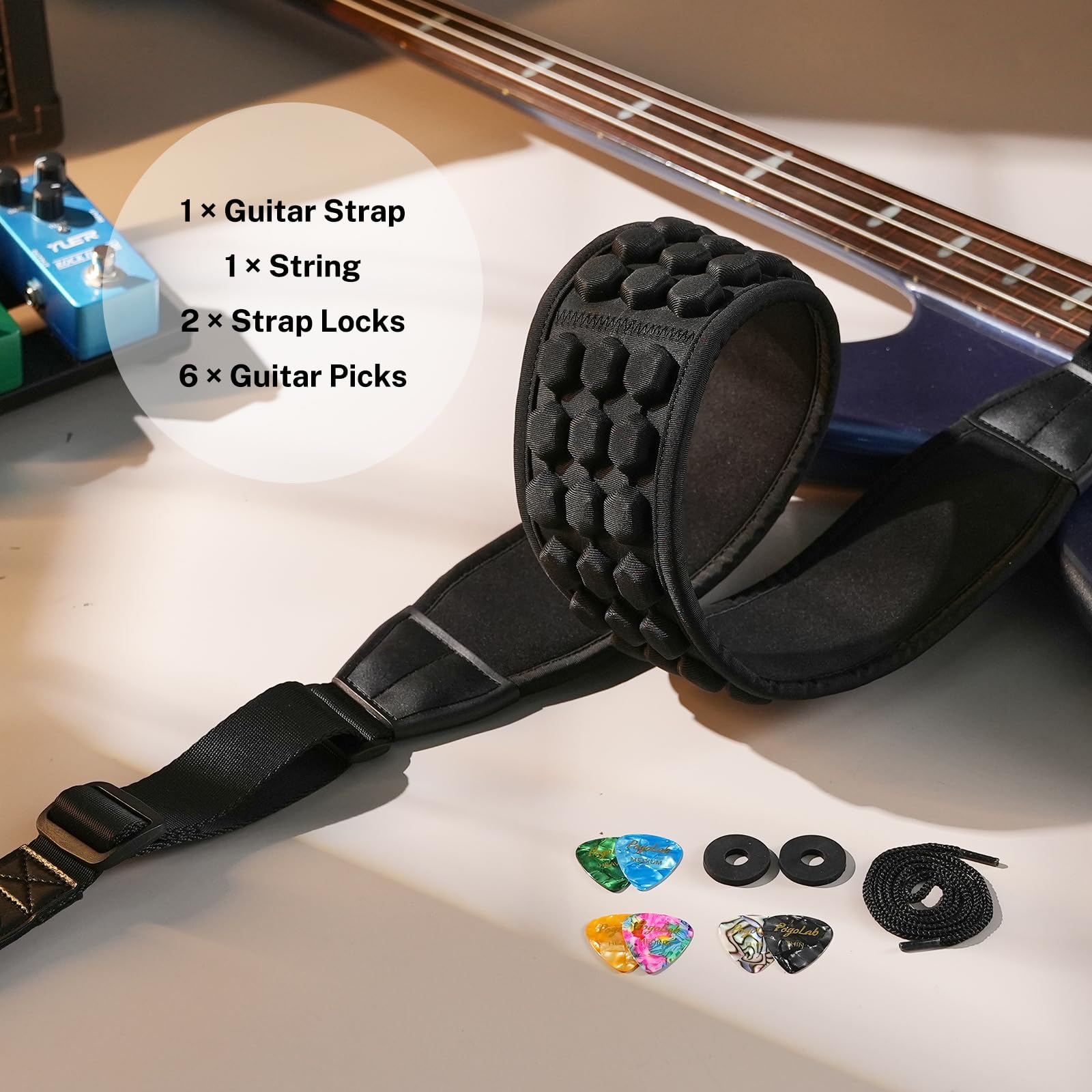 POGOLAB Guitar Strap, 3.5″ Wide Air Cell Cushions Neoprene Padded Soft Comfortable Bass Strap, Adjustable Length from 47″ to 55″ with Strap Locks & Picks, for Bass Electric Guitar (Regular) Blue