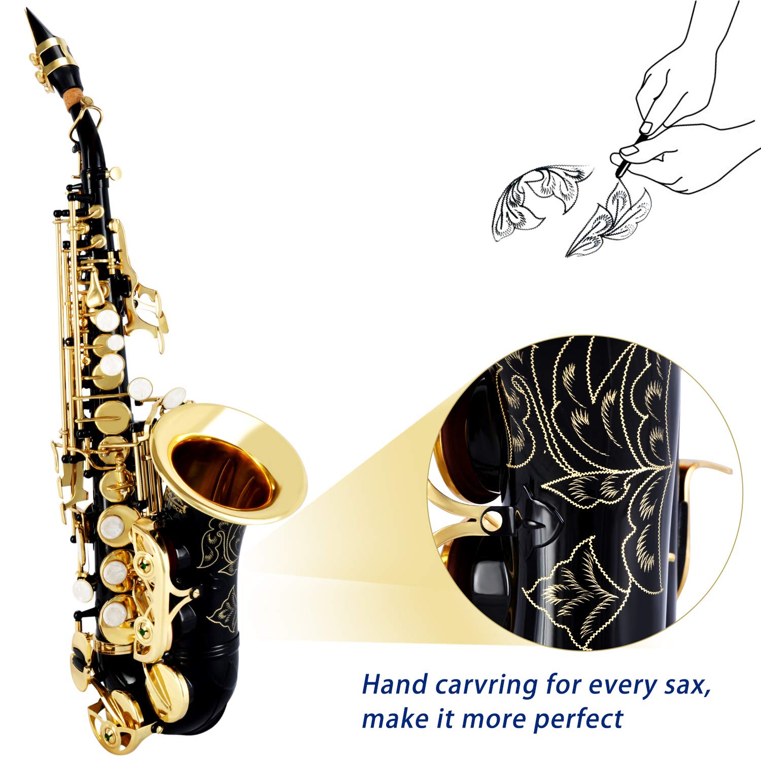 EASTROCK Bb Curved Soprano Saxophone Black for Beginners Students