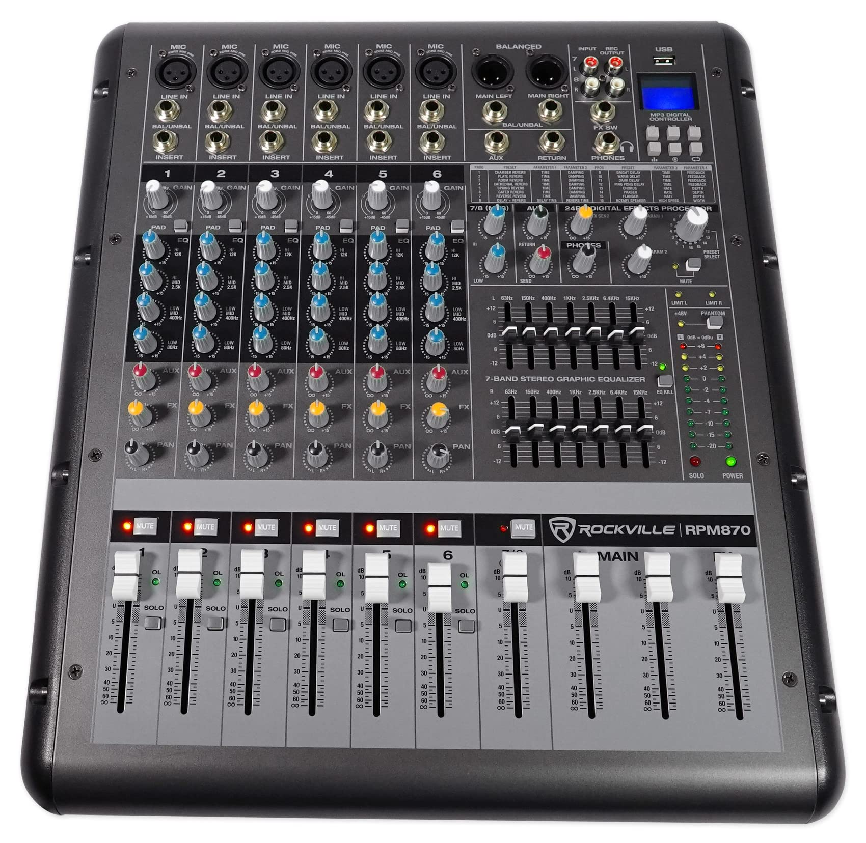 Rockville RPM870 8-Channel 6000W Powered Mixer with USB Bluetooth FX