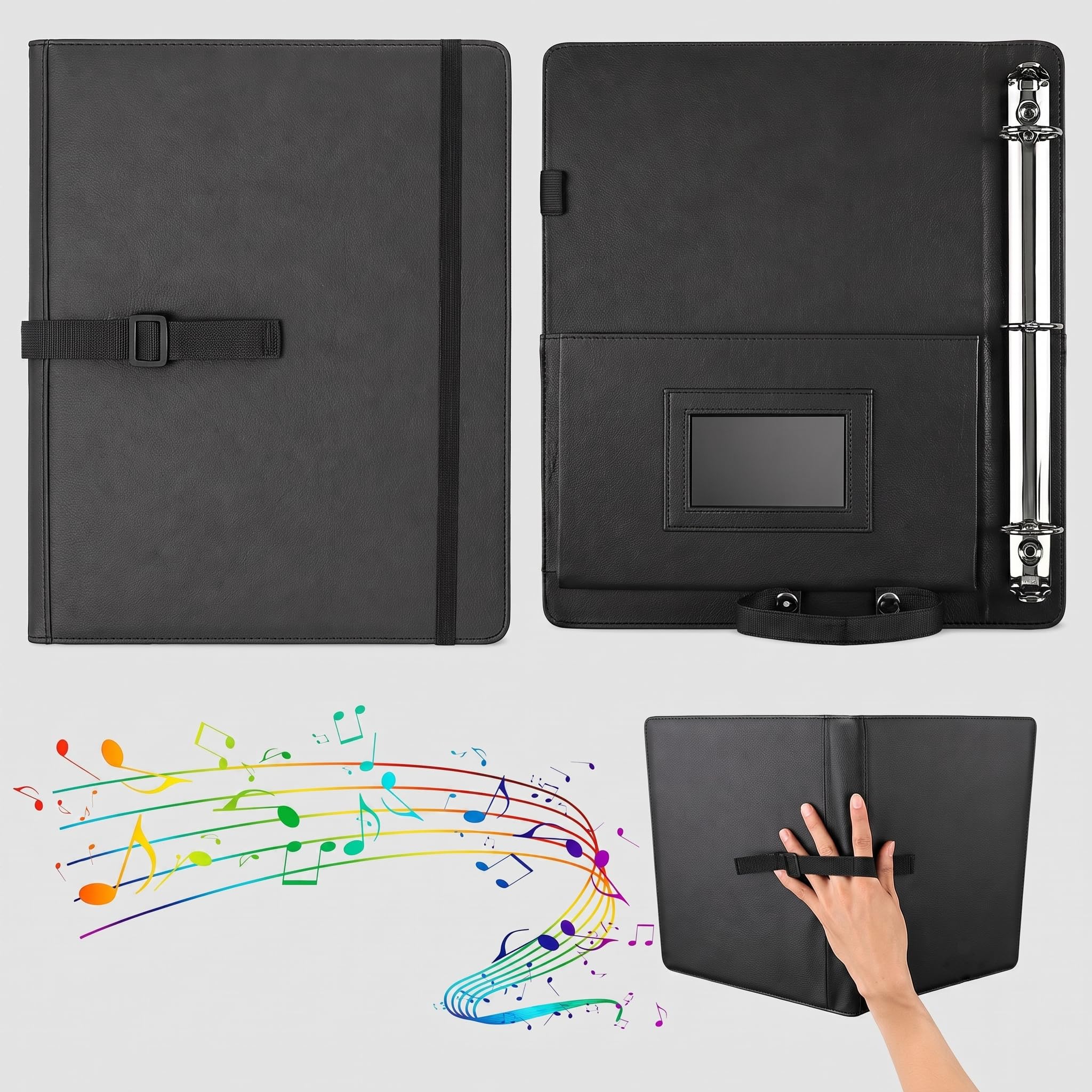 AllMyHomy Choir Sheet Music Binder 3 Ring, Choir Music Folder with Hand Strap & Pockets, Fits Letter Size 8.5″ x 11″ & A4 Sheets, Organizer for Choral Performances, Concerts & Band, PU,Black,2 Pack