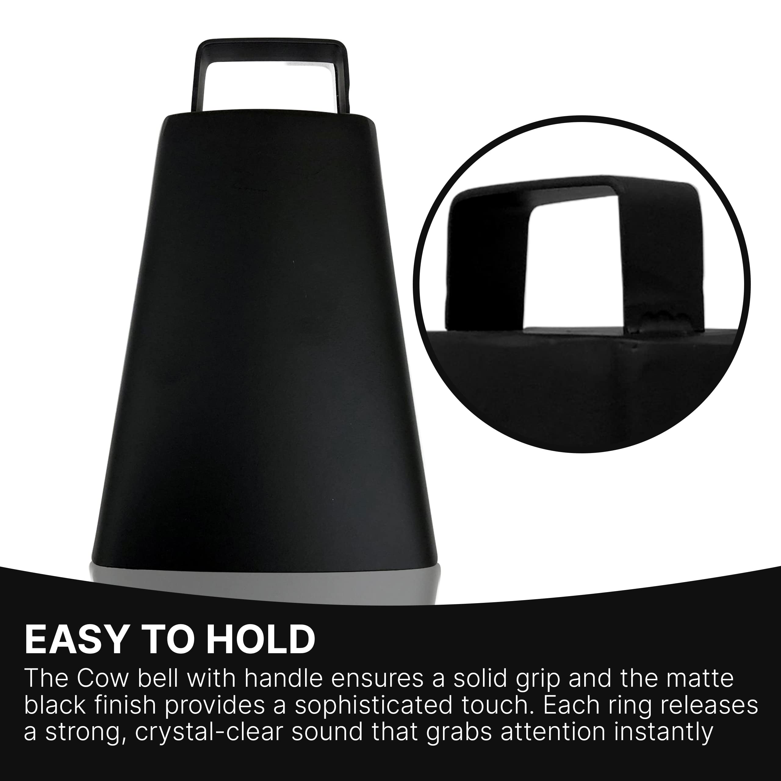 Cow bell with Handle 7 inches and 11” Cowbell Beater Stick – Made of Steel – Antique Cow bells Noise Makers for Football Games, Sporting Events, Celebrating and More (Matte Black)