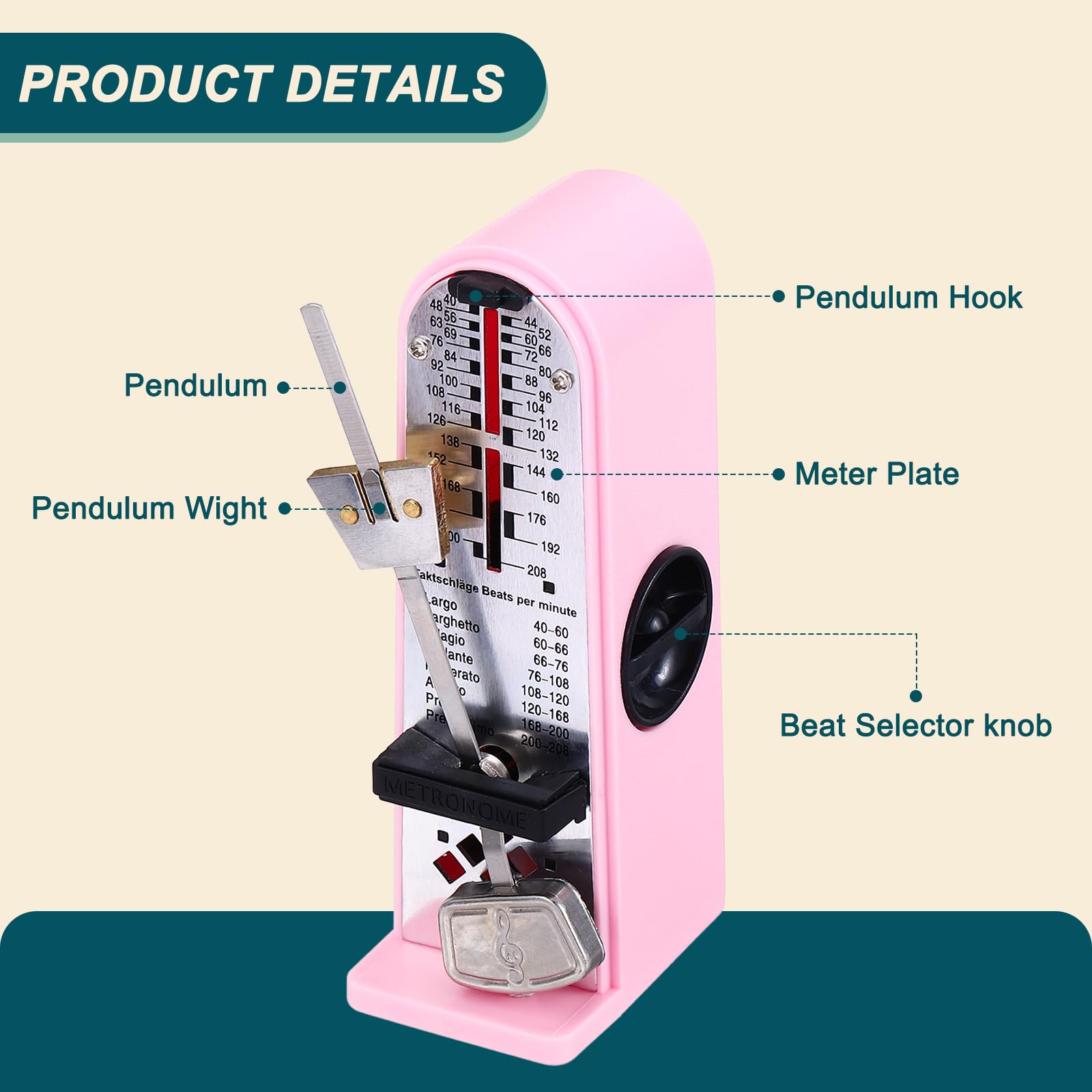 MECCANIXITY Mini Mechanical Metronome,High Accuracy Musical Timer,Pink