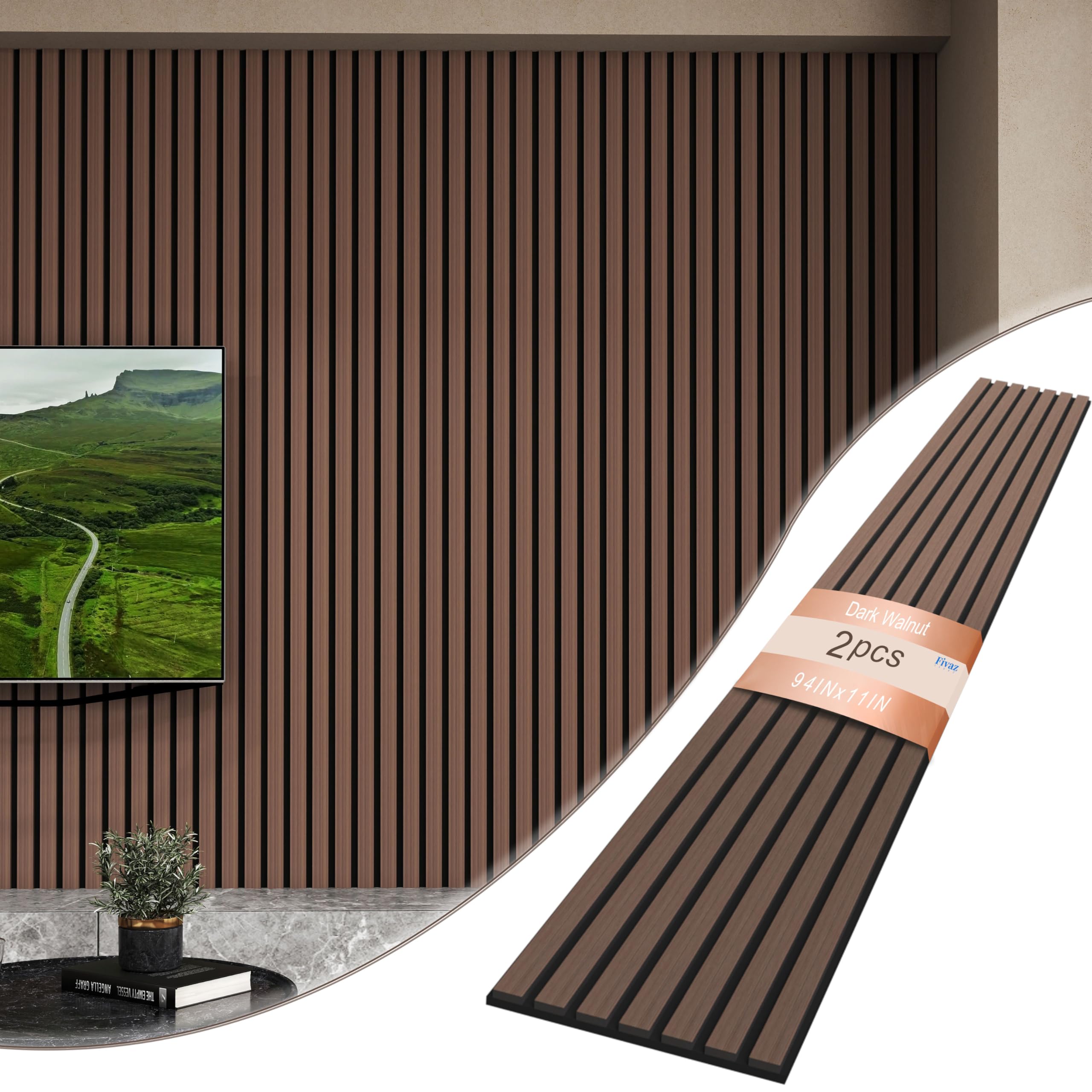 Fivaz 4 Pcs 94″ × 11″ Wood Panels for Wall, Soundproof Wood Slat Wall Paneling, Stylish Decor Acoustic Wall Panels for Wall and Ceiling, Odor-Free & Easy to Install, Dark Walnut