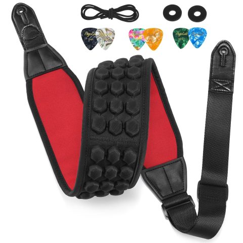 POGOLAB Guitar Strap, 3.5″ Wide Air Cell Cushions Neoprene Padded Soft Comfortable Bass Strap, Adjustable Length from 47″ to 55″ with Strap Locks & Picks, for Bass Electric Guitar (Regular) Red