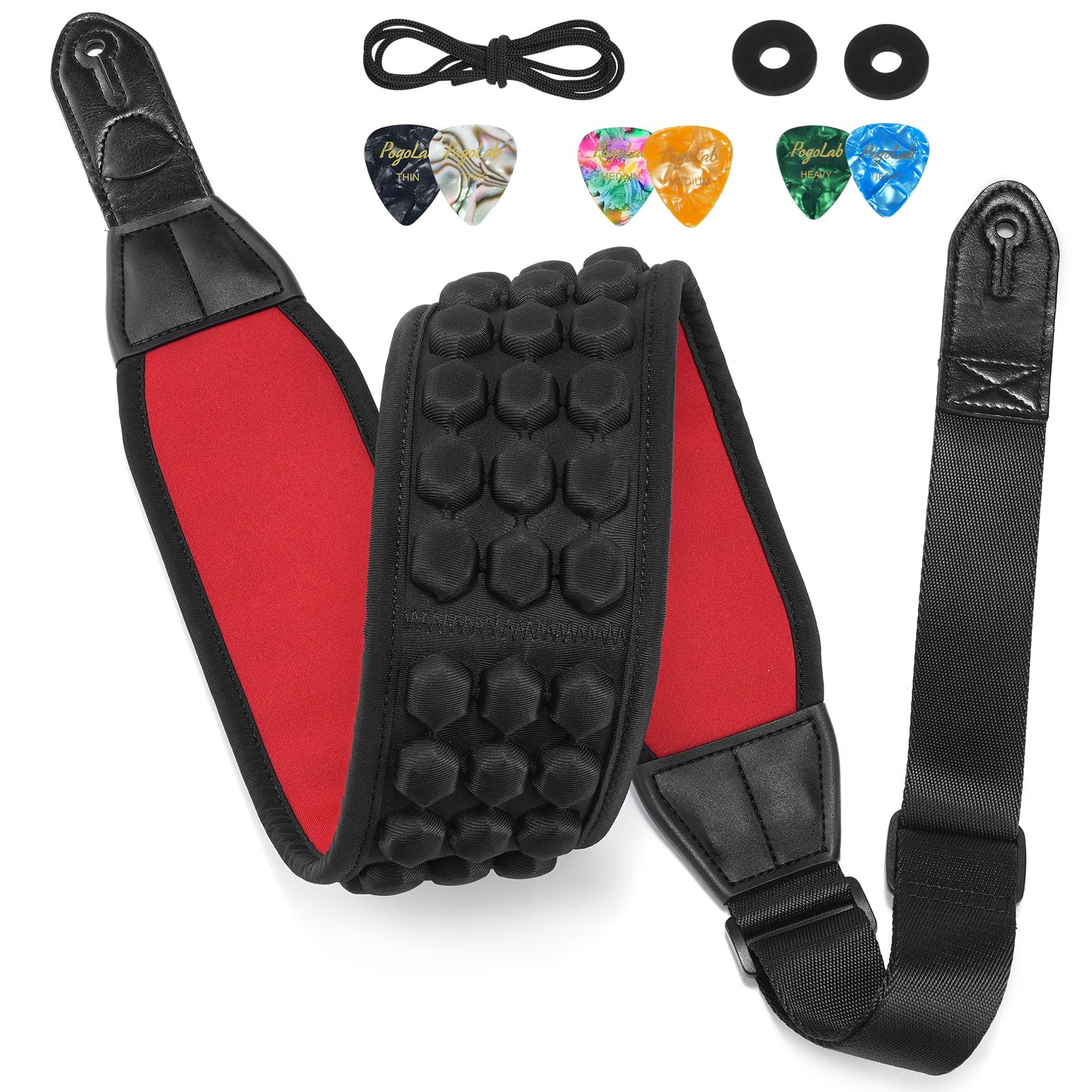 POGOLAB Guitar Strap, 3.5″ Wide Air Cell Cushions Neoprene Padded Soft Comfortable Bass Strap, Adjustable Length from 47″ to 55″ with Strap Locks & Picks, for Bass Electric Guitar (Regular) Red