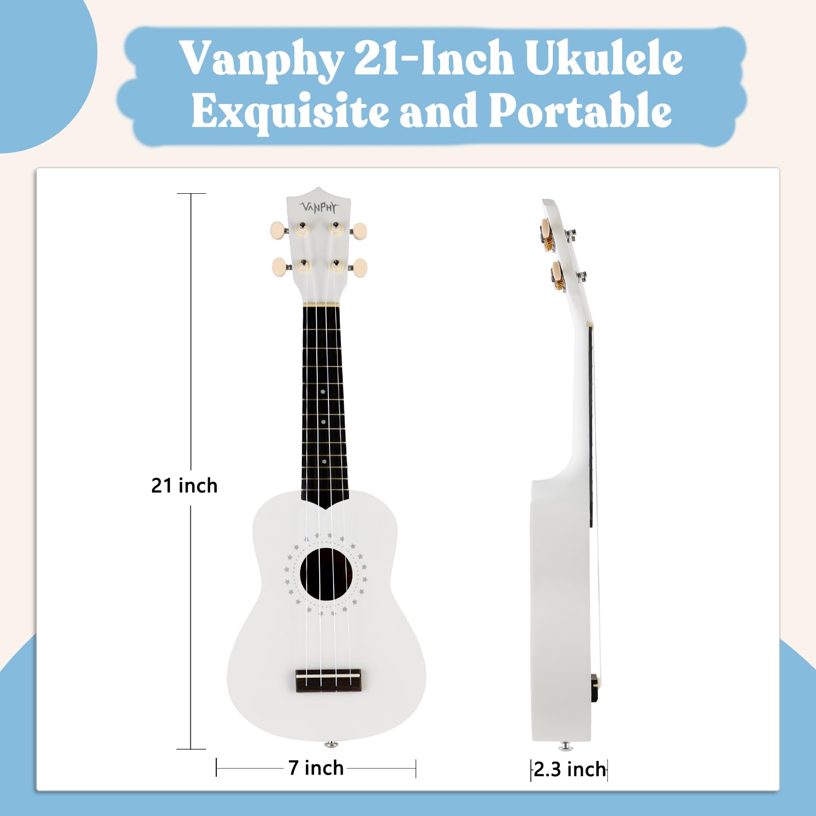 VANPHY Soprano Ukulele for Beginner Adults with Gig Bag 21 Inch Uke for Starter Hawaiian Soprano Ukalalee Polishing Basswood 21 Inch Uke Bundle with Strap Picks Songbook Cleaning Cloth (White)