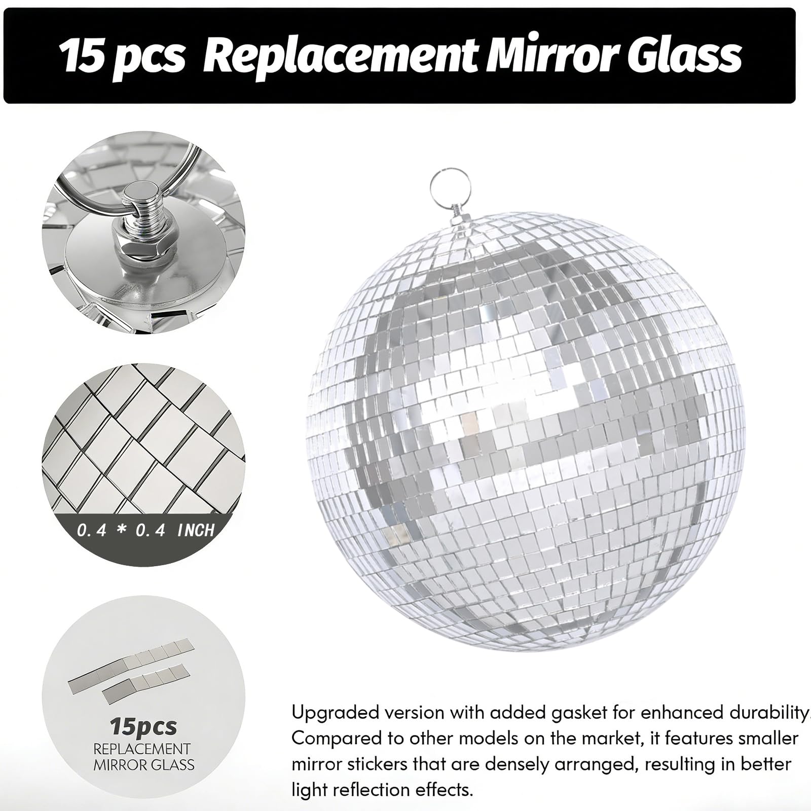 EELLAO 12inch Disco Ball Mirror Balls Large Hanging Disco Balls for Party Decorations, Weddings, Events, (12inch Disco Ball x 1pc, Replacement Mirror x 15pcs)