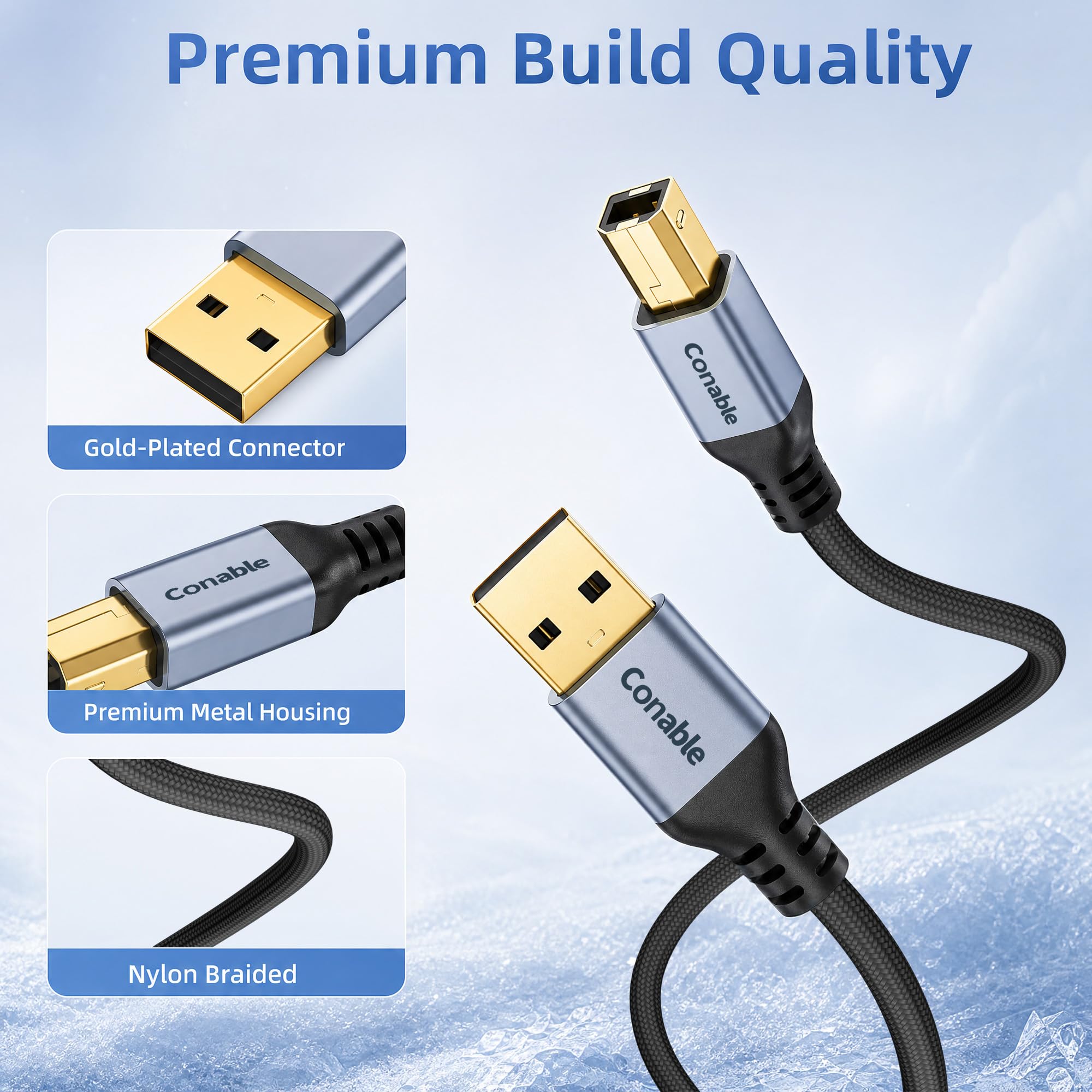 USB A to USB B Cable 1FT, Braided USB Printer Cord, USB A to MIDI Cable High-Speed, Braided, Gold Plated Connector, Compatible with HP, Canon, Brother, Samsung, Dell, Epson, Lexmark, Xerox, and More